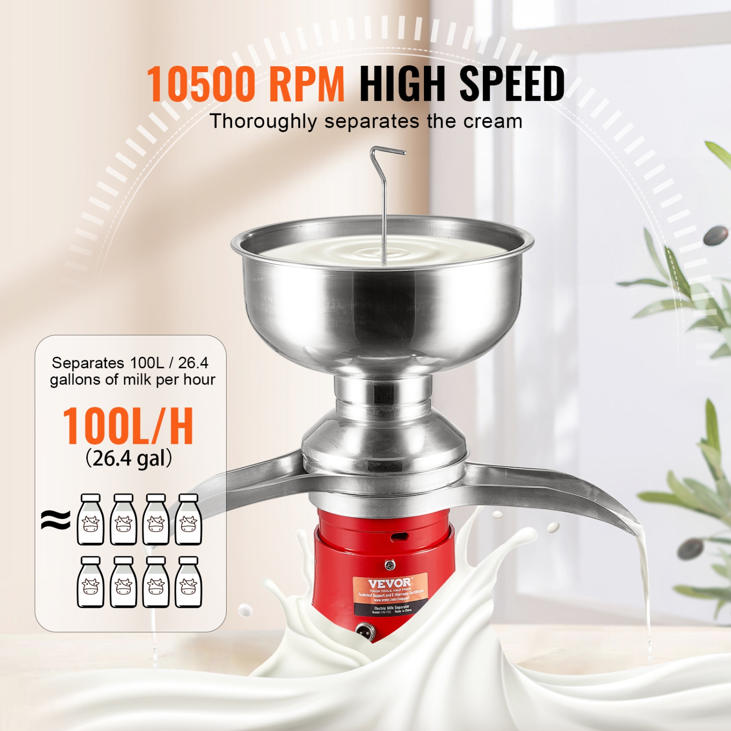 VEVOR 30W Milk Cream Centrifugal Separator, 304 Stainless Steel Electric Cream Separators, 100L/H Output 10500RPM Goat Milk Separator, Milk Skimmer
