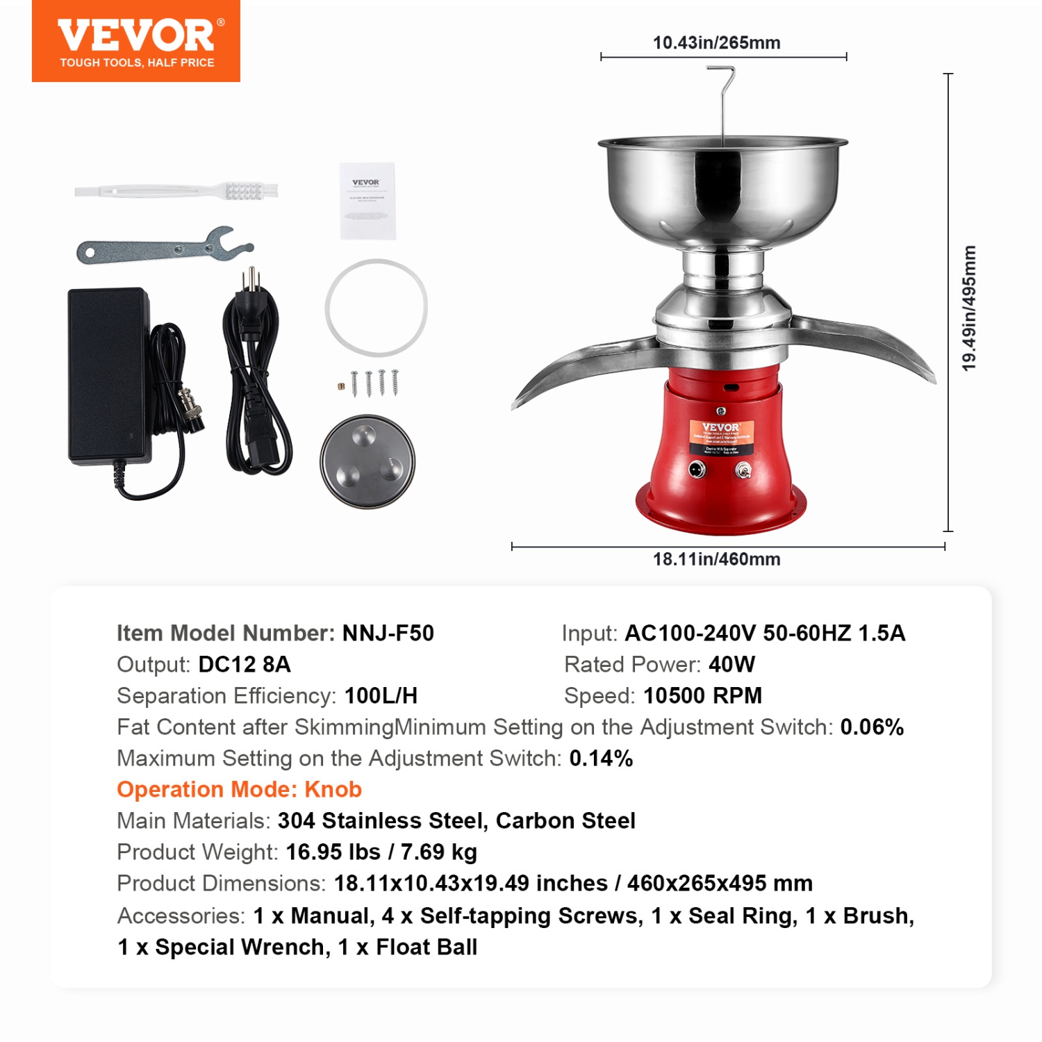 VEVOR 30W Milk Cream Centrifugal Separator, 304 Stainless Steel Electric Cream Separators, 100L/H Output 10500RPM Goat Milk Separator, Milk Skimmer