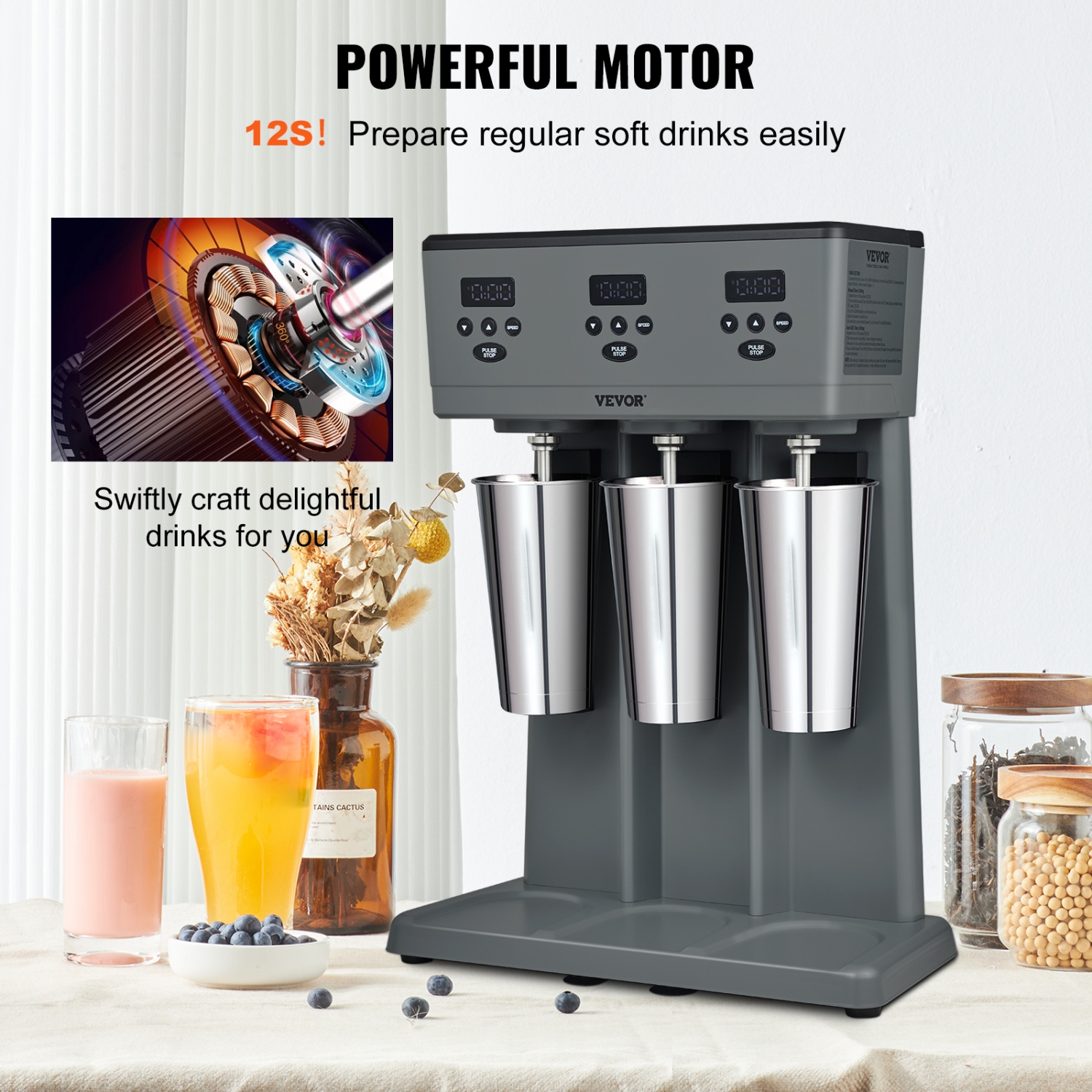 VEVOR 375W x 3 Milkshake Maker, Electric Milkshake Machine, Commercial Triple Heads Drink Mixer Blender, LED Intelligent Microswitch, 3-Speed
