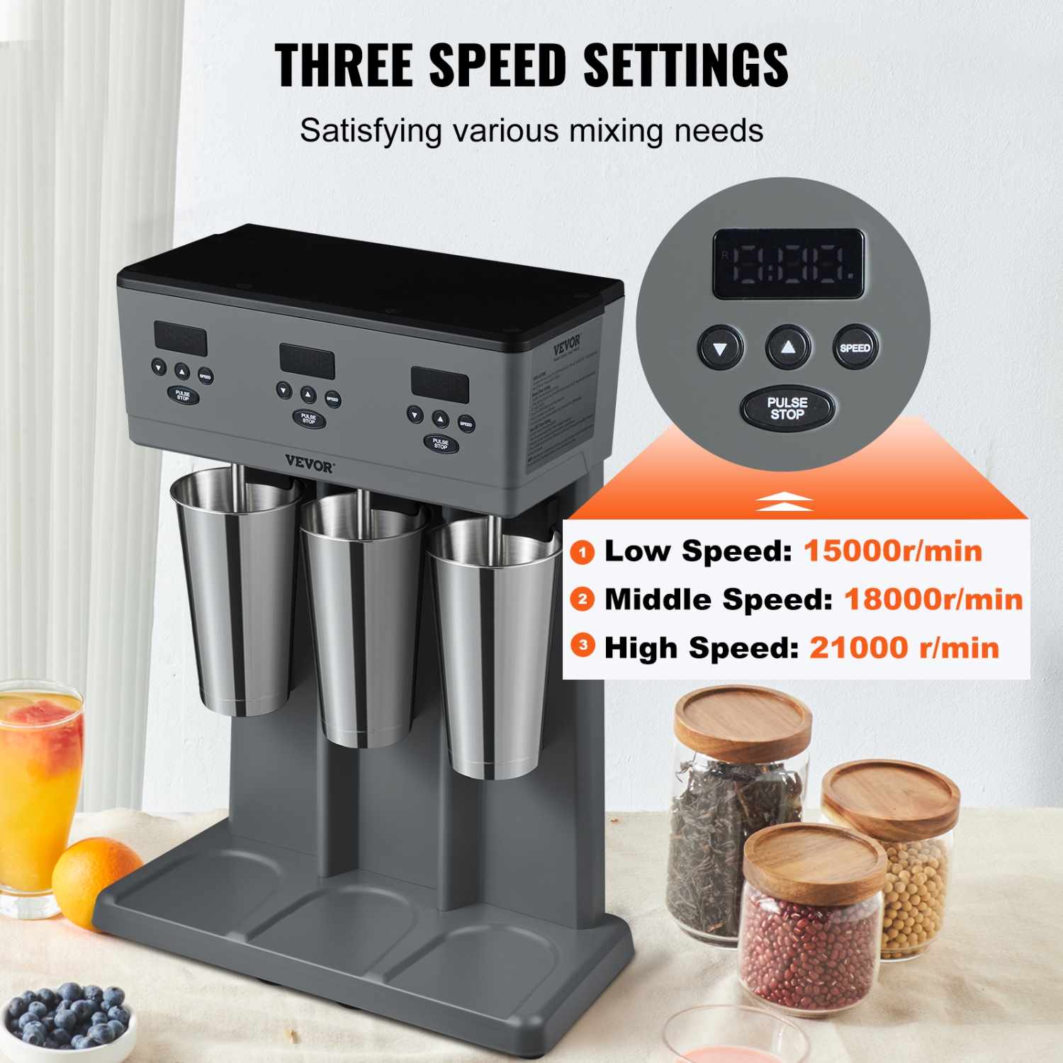 VEVOR 375W x 3 Milkshake Maker, Electric Milkshake Machine, Commercial Triple Heads Drink Mixer Blender, LED Intelligent Microswitch, 3-Speed