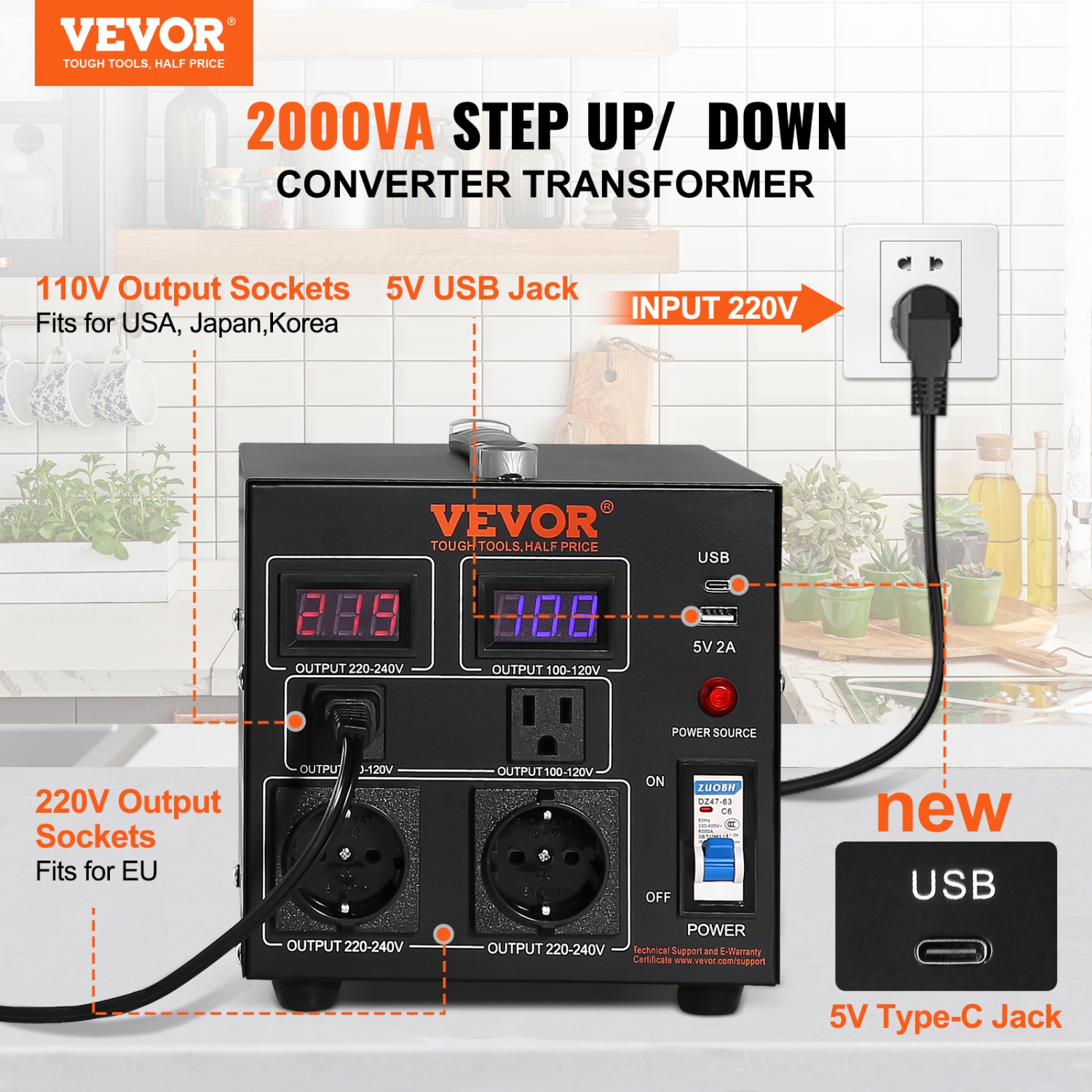 VEVOR 2000W Voltage Converter Transformer,Heavy Duty Step Up/Down Transformer, Convert from 110 Volt to 220 Volt and from 220 Volt to 110 Volt,with
