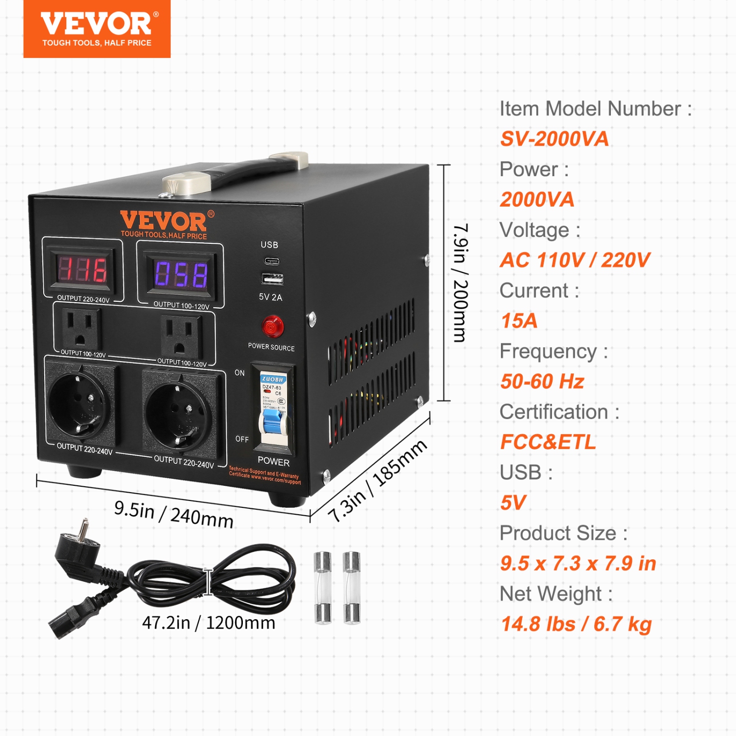 VEVOR 2000W Voltage Converter Transformer,Heavy Duty Step Up/Down Transformer, Convert from 110 Volt to 220 Volt and from 220 Volt to 110 Volt,with