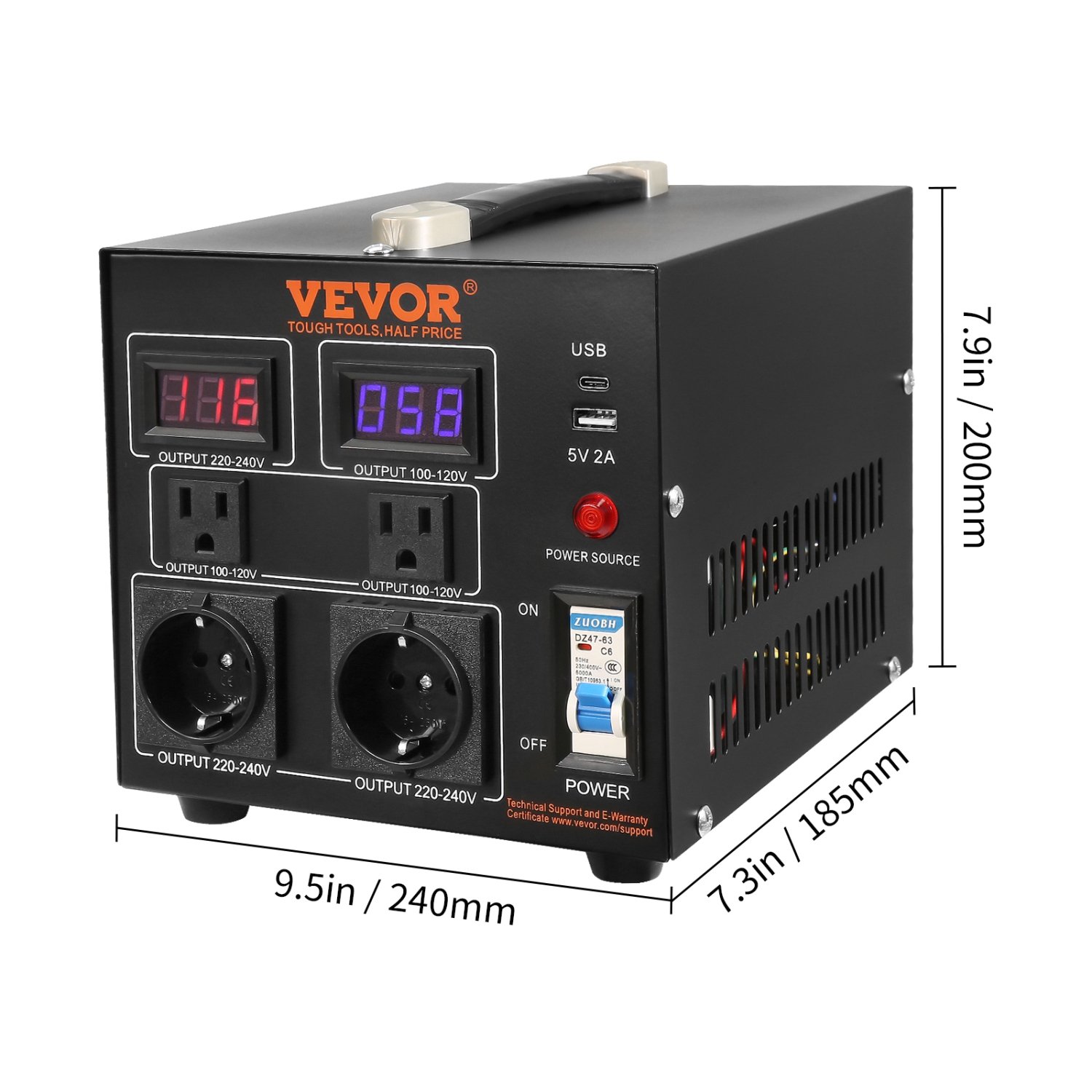 VEVOR 2000W Voltage Converter Transformer,Heavy Duty Step Up/Down Transformer, Convert from 110 Volt to 220 Volt and from 220 Volt to 110 Volt,with