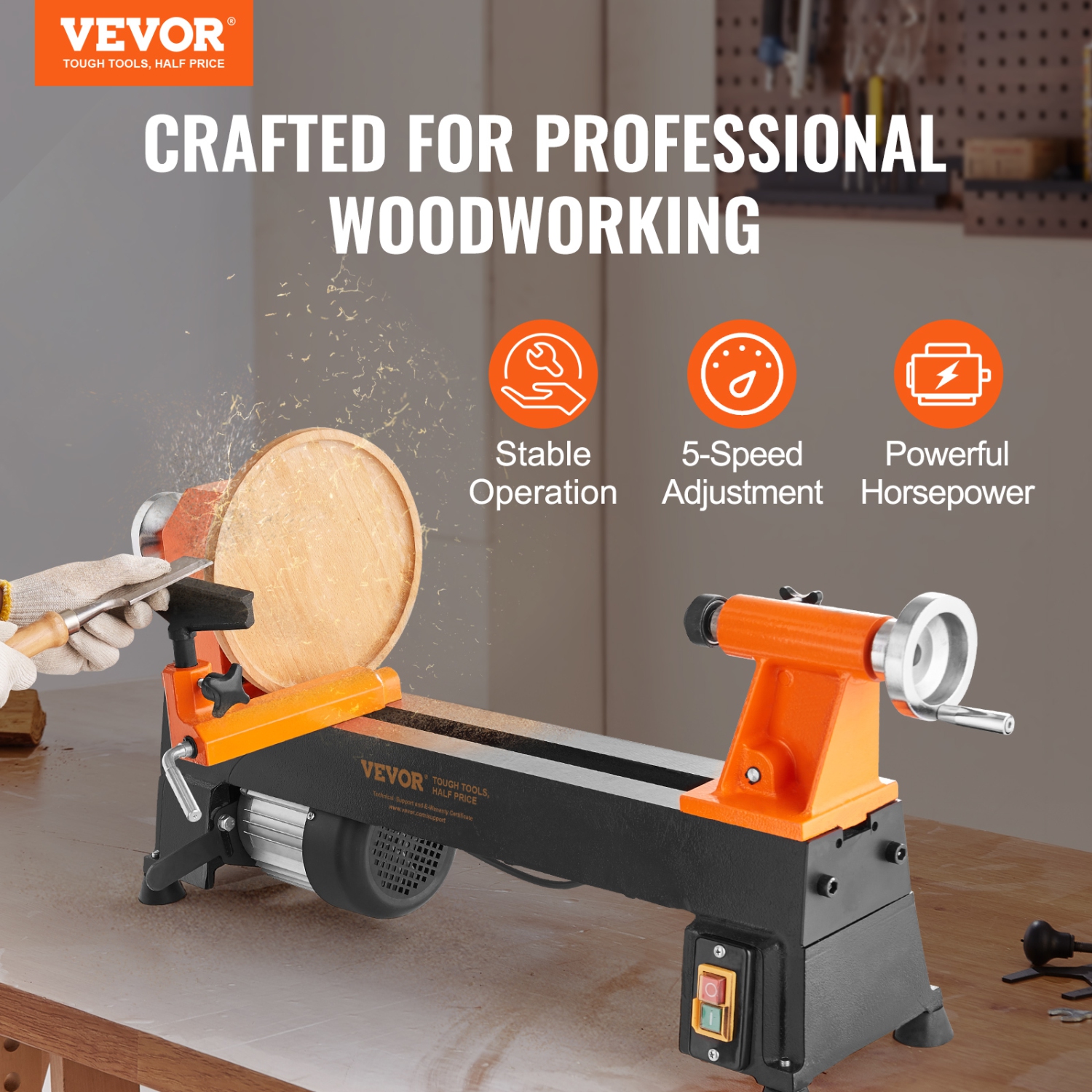 VEVOR 10x18 inchesTabletop Wood Lathe, Dimensions, Motor Strength 0.5 HP 370W, Offers Wood Crafting with 5 Adjustable Speeds ranging from 780 to 3840