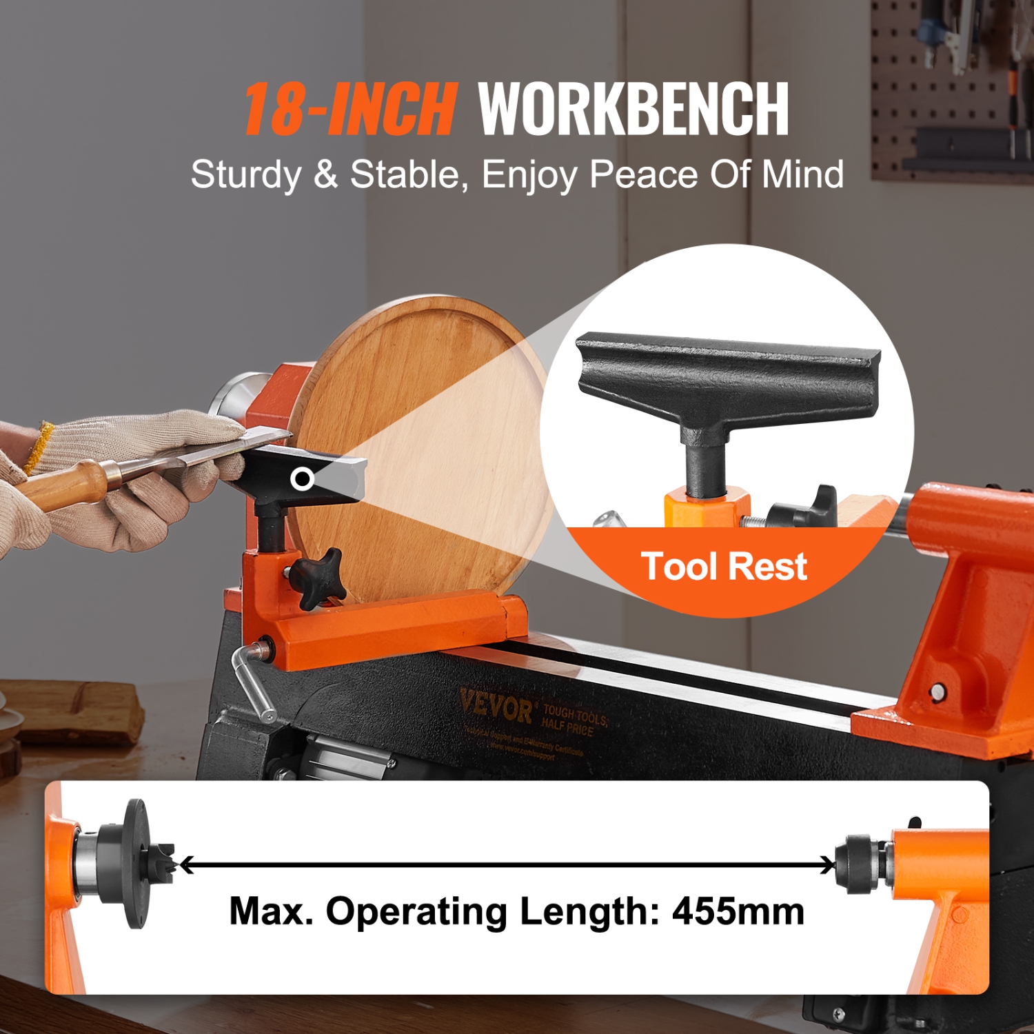 VEVOR 10x18 inchesTabletop Wood Lathe, Dimensions, Motor Strength 0.5 HP 370W, Offers Wood Crafting with 5 Adjustable Speeds ranging from 780 to 3840