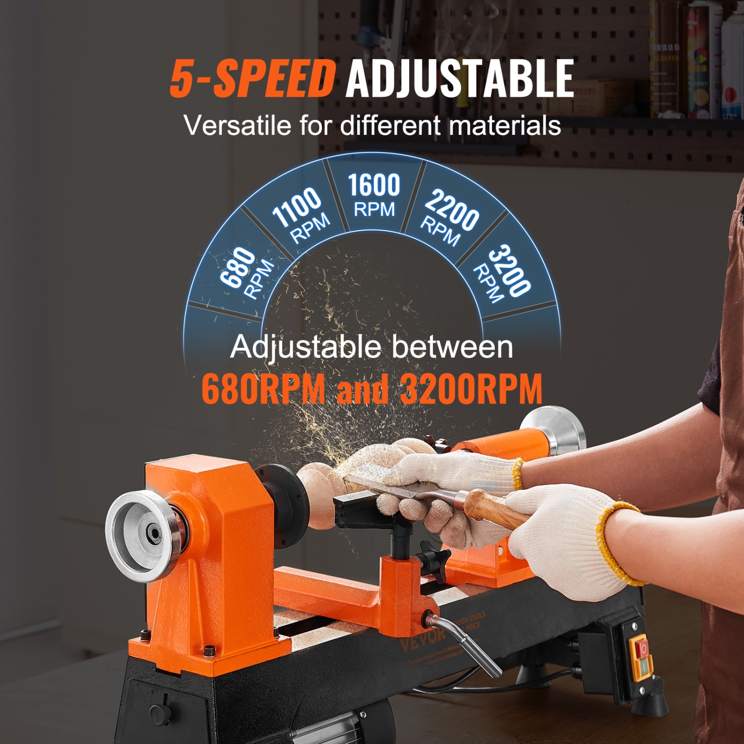 VEVOR 10x18 inchesTabletop Wood Lathe, Dimensions, Motor Strength 0.5 HP 370W, Offers Wood Crafting with 5 Adjustable Speeds ranging from 780 to 3840