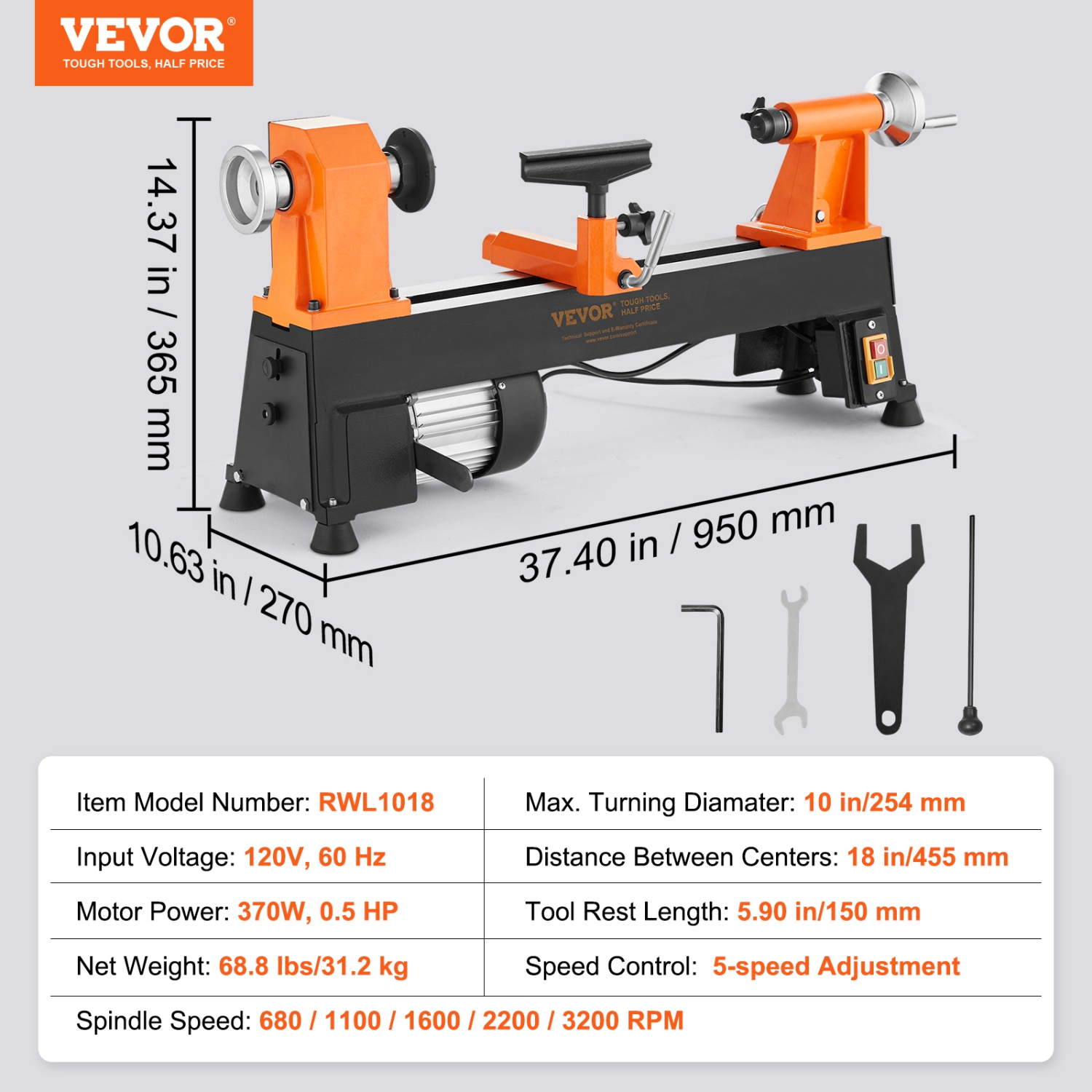 VEVOR 10x18 inchesTabletop Wood Lathe, Dimensions, Motor Strength 0.5 HP 370W, Offers Wood Crafting with 5 Adjustable Speeds ranging from 780 to 3840