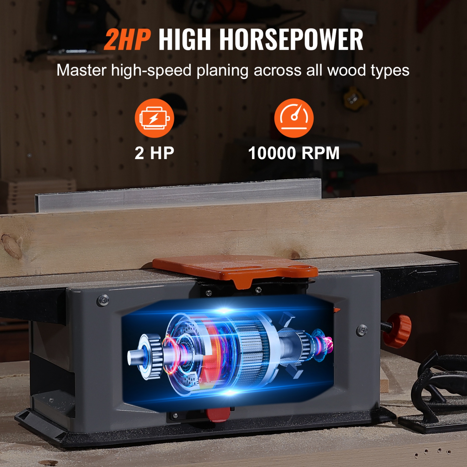 VEVOR 8-Inch Benchtop Spiral Jointer, 2HP with 10000 RPM, Featuring an 18-Blade Spiral Cutterhead, Extendable Arm to 6.5'', and a 8x42.3'' Worktable