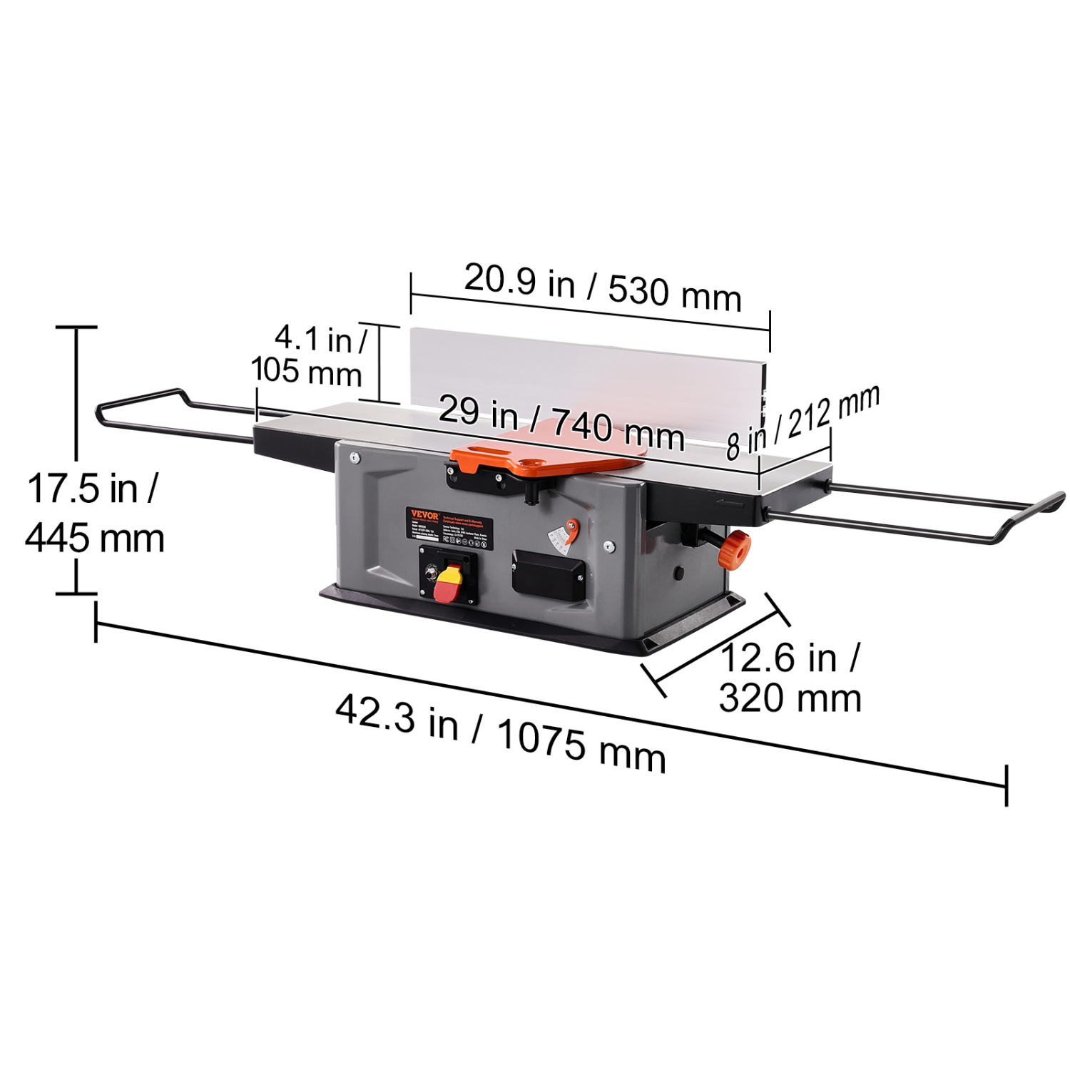 VEVOR 8-Inch Benchtop Spiral Jointer, 2HP with 10000 RPM, Featuring an 18-Blade Spiral Cutterhead, Extendable Arm to 6.5'', and a 8x42.3'' Worktable