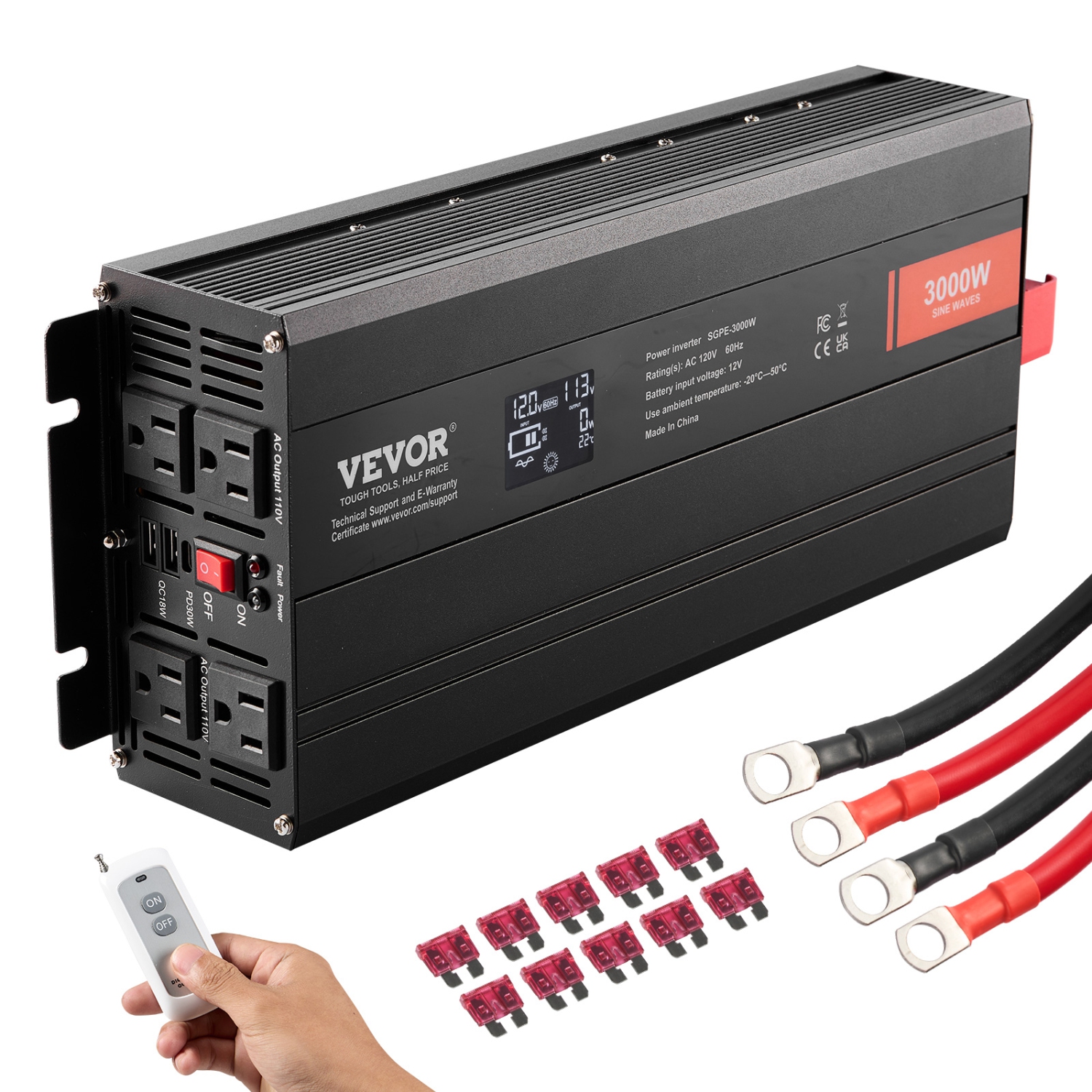 Onduleur à onde sinusoïdale pure de 3000 W de VEVOR, onduleur 12&nbsp;V c.c. à 120&nbsp;V c.a. avec 2 prises c.a., 2 port USB 1 de type C, écran LCD