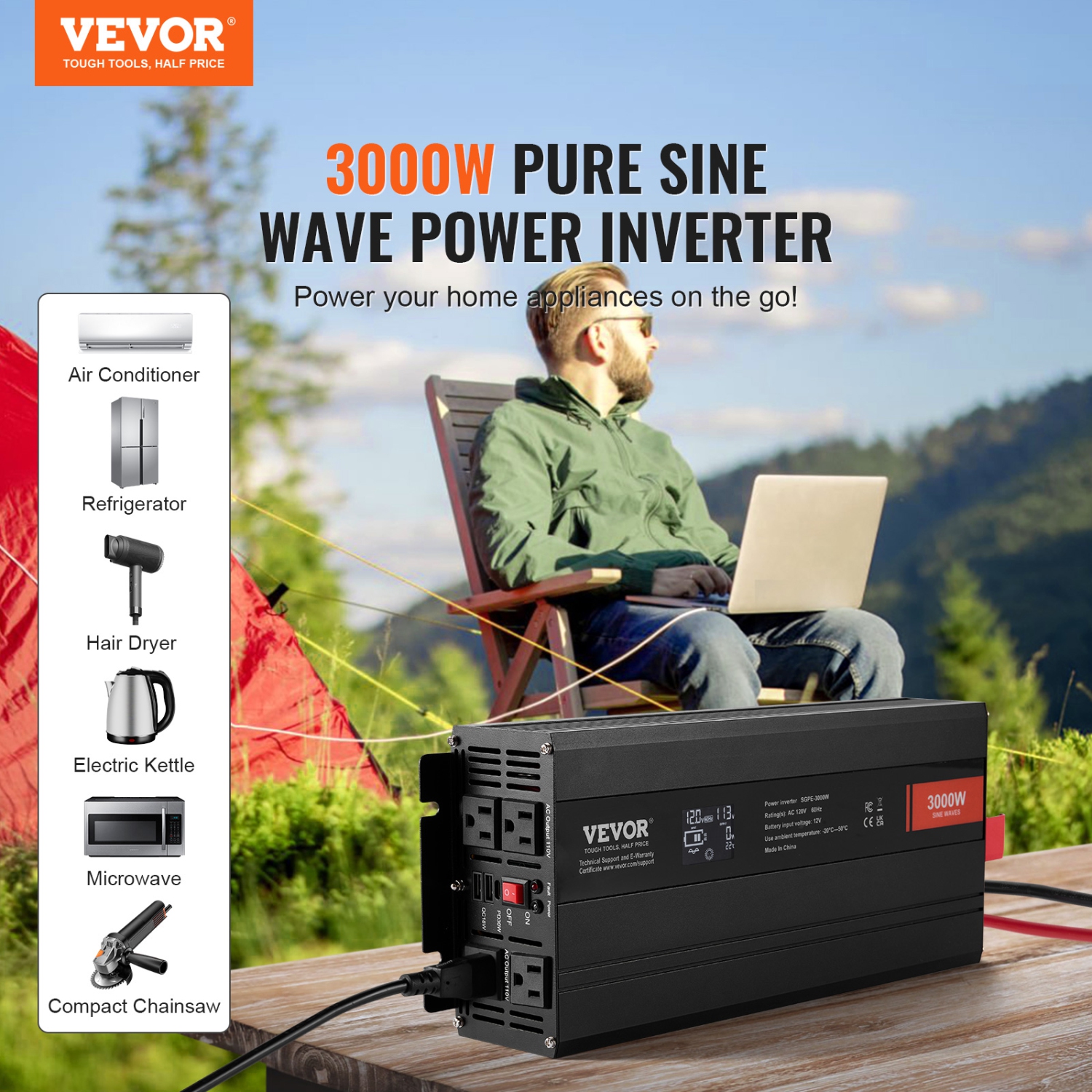 Onduleur à onde sinusoïdale pure de 3000 W de VEVOR, onduleur 12&nbsp;V c.c. à 120&nbsp;V c.a. avec 2 prises c.a., 2 port USB 1 de type C, écran LCD