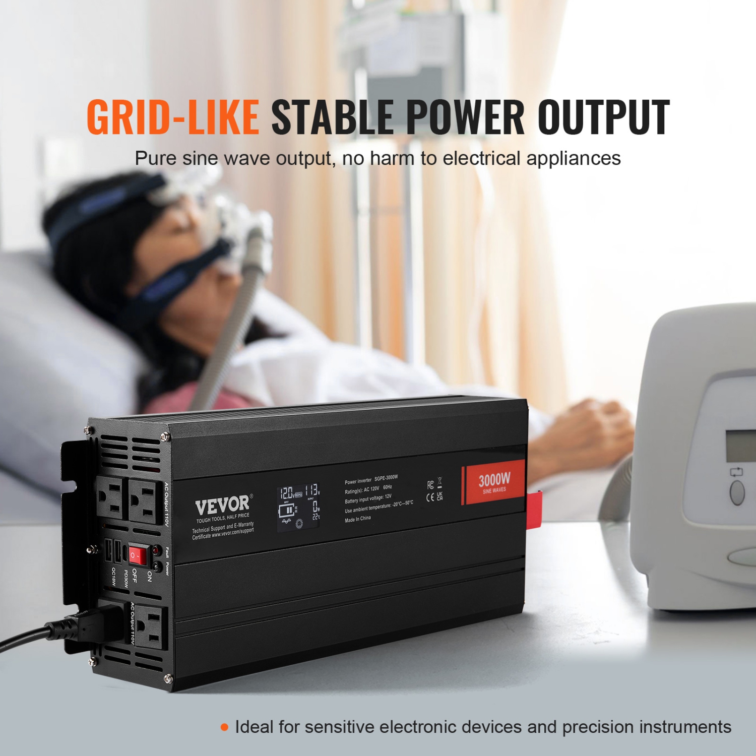 Onduleur à onde sinusoïdale pure de 3000 W de VEVOR, onduleur 12&nbsp;V c.c. à 120&nbsp;V c.a. avec 2 prises c.a., 2 port USB 1 de type C, écran LCD