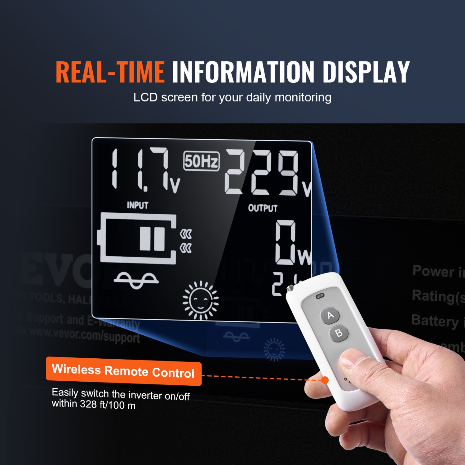 Onduleur à onde sinusoïdale pure de 3000 W de VEVOR, onduleur 12&nbsp;V c.c. à 120&nbsp;V c.a. avec 2 prises c.a., 2 port USB 1 de type C, écran LCD