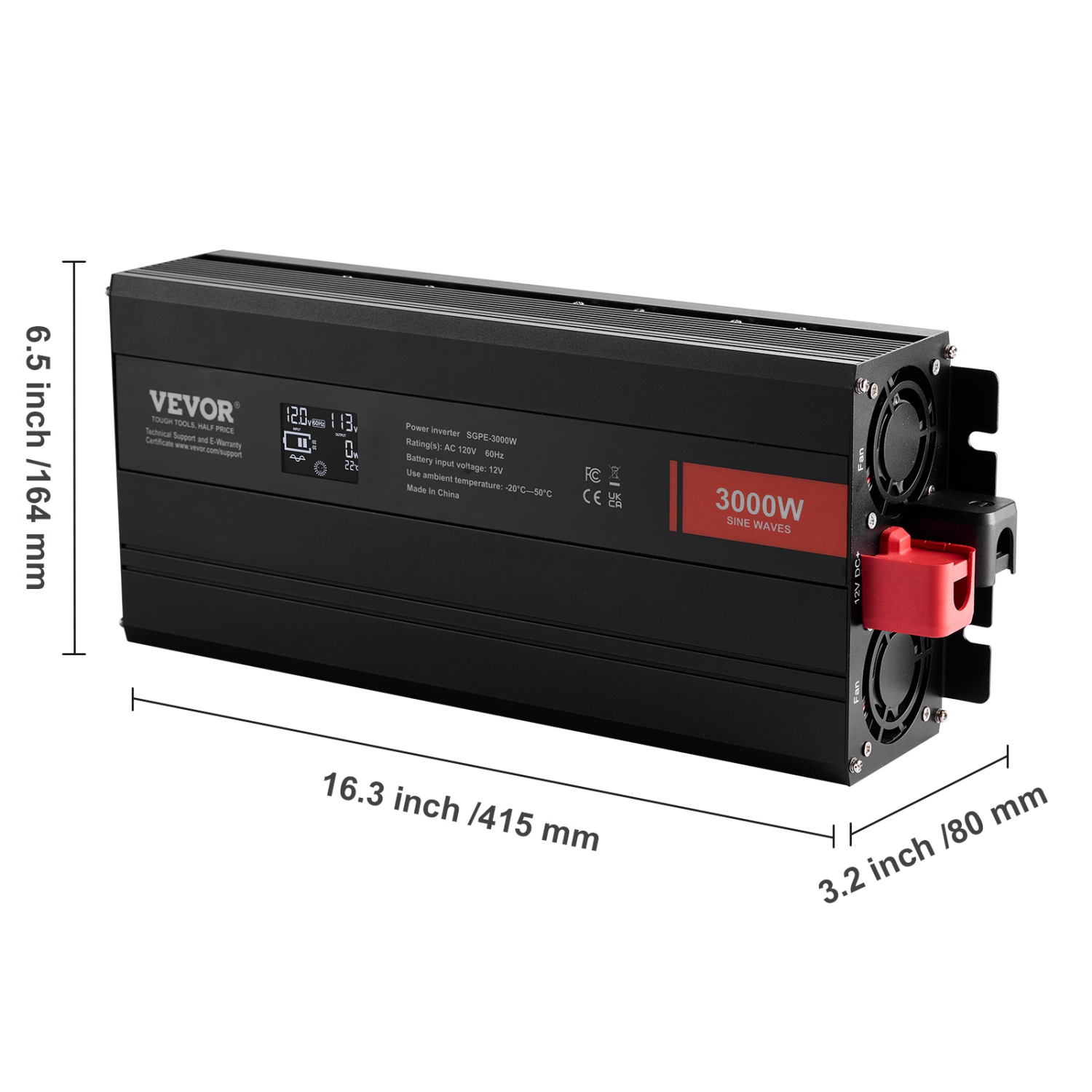 Onduleur à onde sinusoïdale pure de 3000 W de VEVOR, onduleur 12&nbsp;V c.c. à 120&nbsp;V c.a. avec 2 prises c.a., 2 port USB 1 de type C, écran LCD