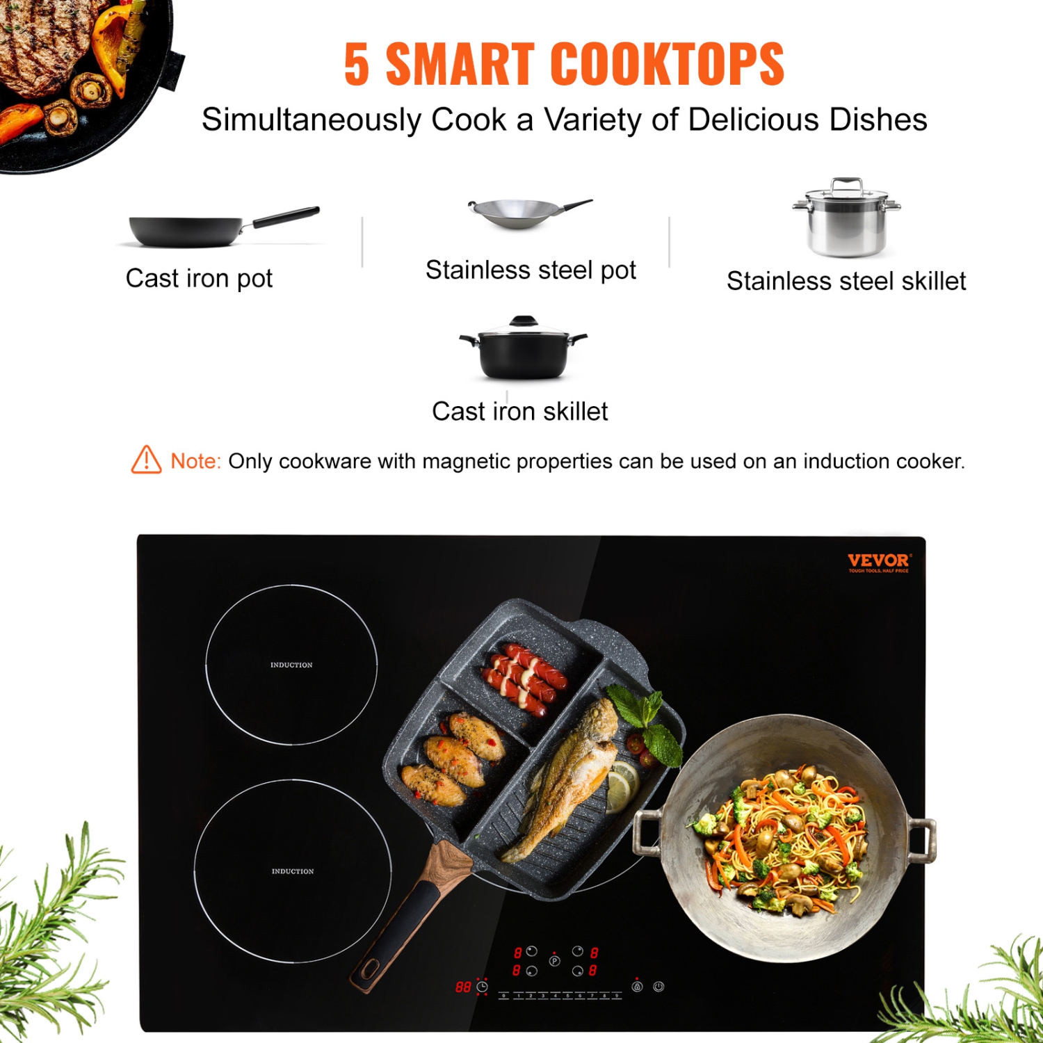 VEVOR Electric Cooktop, 4 Burners, 30'' Induction Stove Top, Built-in Magnetic Cooktop 7500W, 9 Heating Level Multifunctional Burner, LED Touch