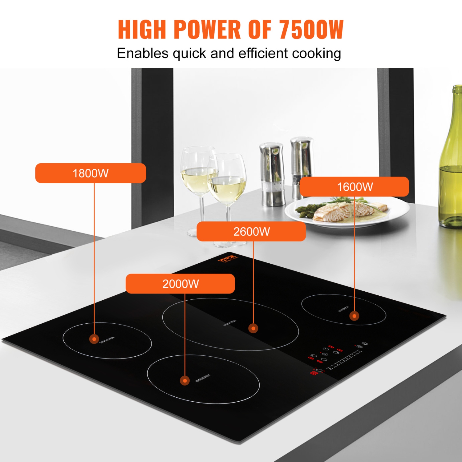 VEVOR Electric Cooktop, 4 Burners, 30'' Induction Stove Top, Built-in Magnetic Cooktop 7500W, 9 Heating Level Multifunctional Burner, LED Touch