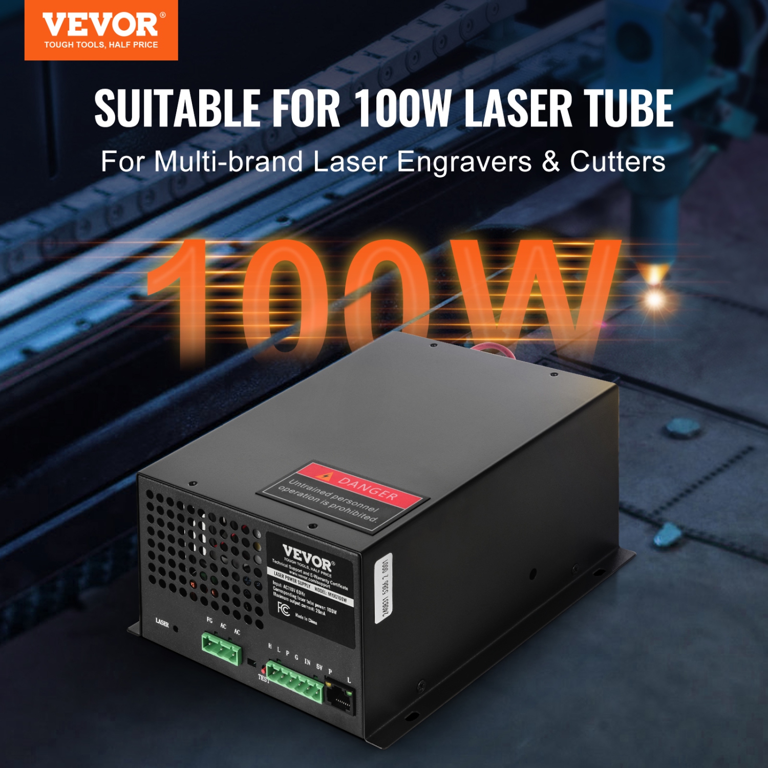 VEVOR CO2 Laser Power Supply, 100W, Power Supply for 100W Laser Tube, Constant Current Protection, Open Circuit Protection, Fast Heat Dissipation,
