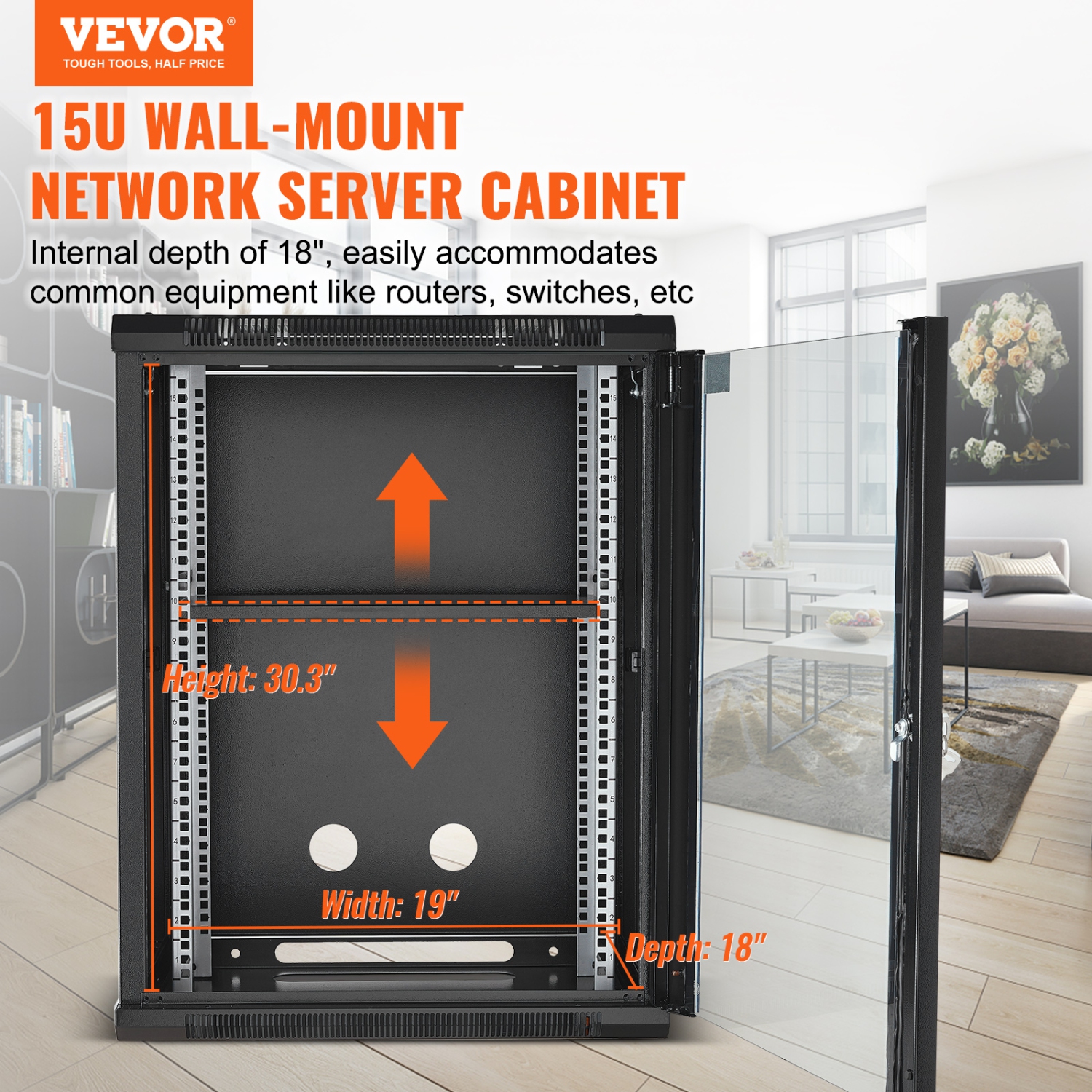 VEVOR 15U Wall Mount Server Cabinet,500 lbs Max.Ground-mounted Load Capacity,Network Rack Enclosure with Caster Wheels Locking Tempered Glass