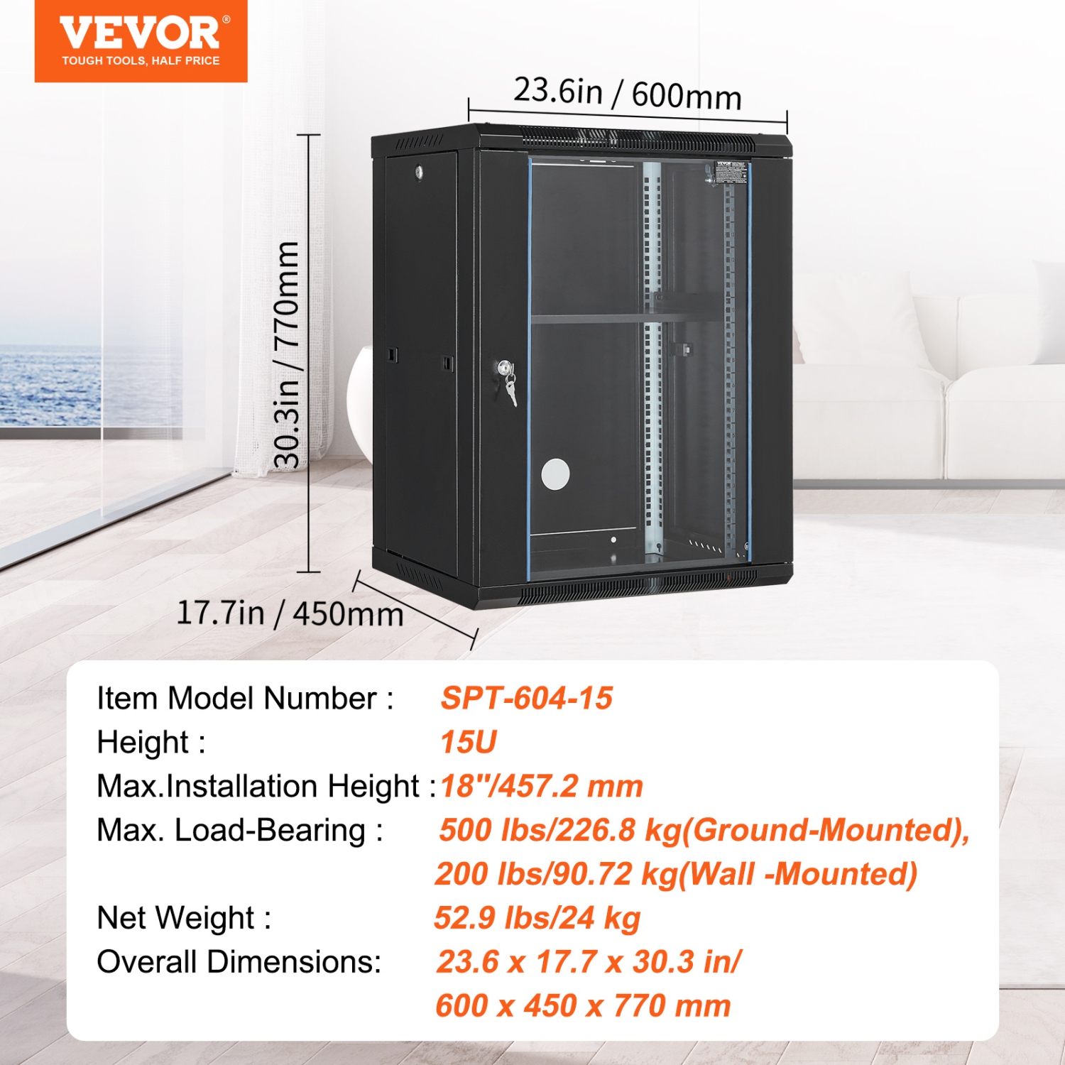 VEVOR 15U Wall Mount Server Cabinet,500 lbs Max.Ground-mounted Load Capacity,Network Rack Enclosure with Caster Wheels Locking Tempered Glass