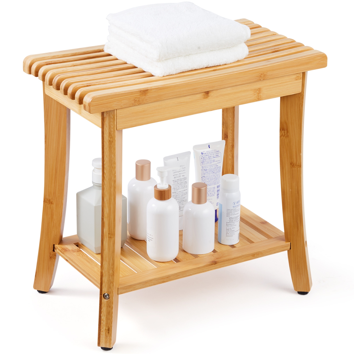VEVOR 19.1x11.3x18.3 in Bamboo Shower Bench, Waterproof Shower Stool Chair with Storage Shelf, 330lbs Load Capacity Spa Bath Seat Organizer, for