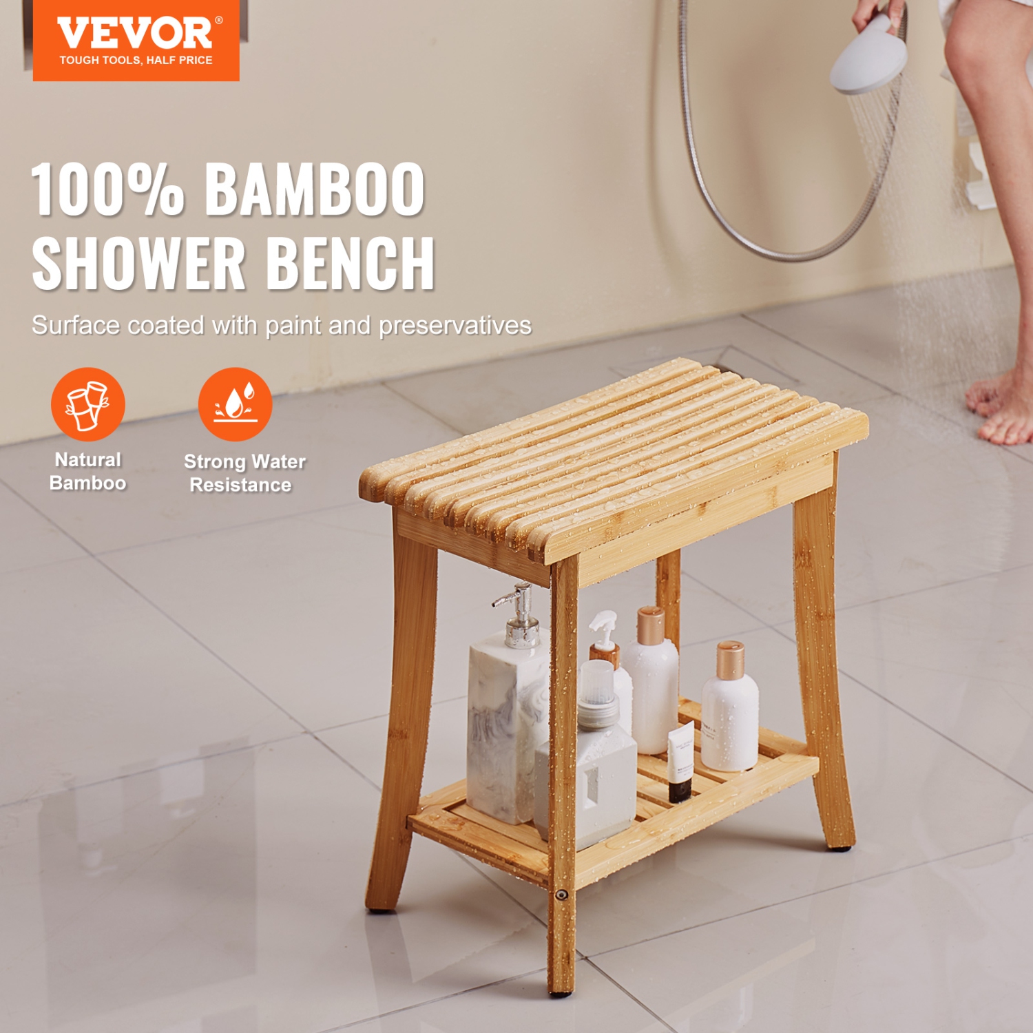 VEVOR 19.1x11.3x18.3 in Bamboo Shower Bench, Waterproof Shower Stool Chair with Storage Shelf, 330lbs Load Capacity Spa Bath Seat Organizer, for