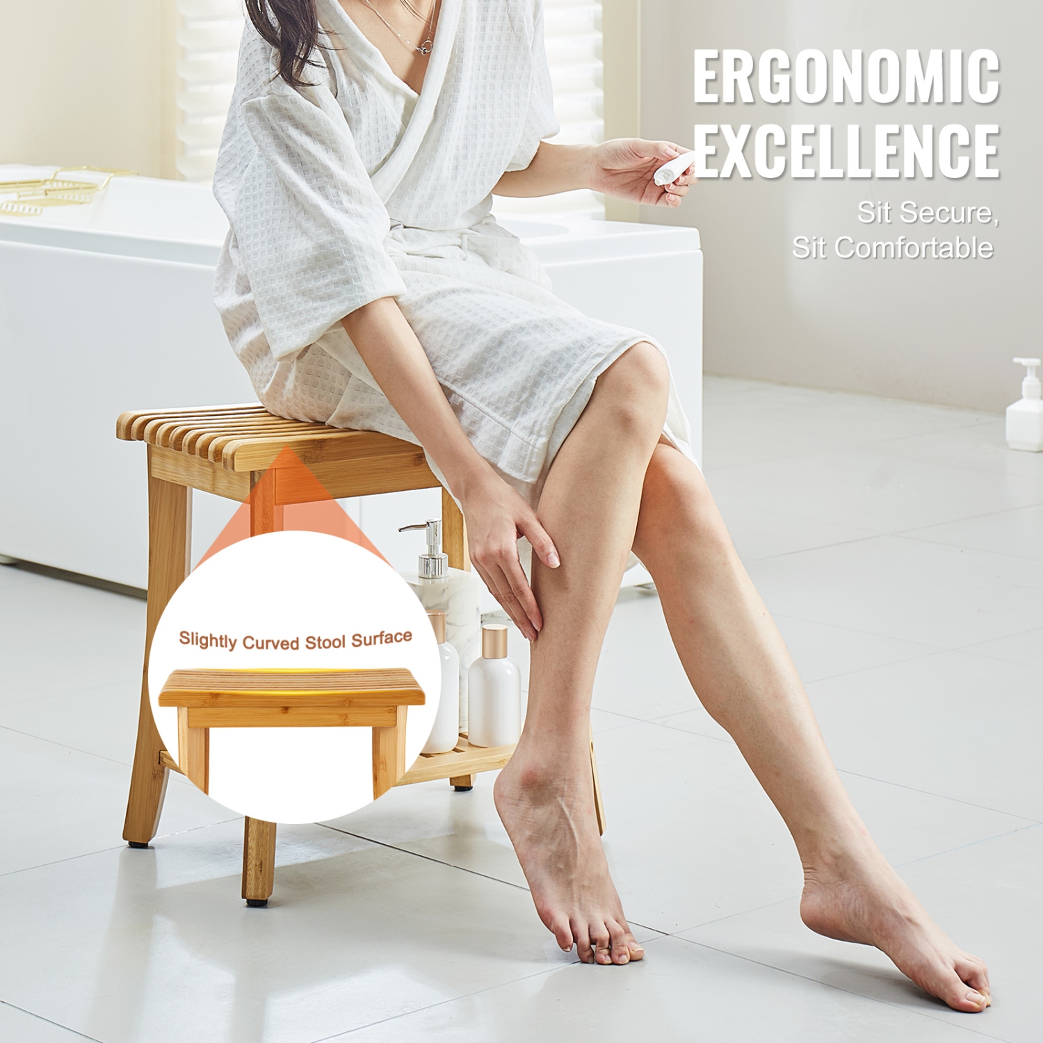 VEVOR 19.1x11.3x18.3 in Bamboo Shower Bench, Waterproof Shower Stool Chair with Storage Shelf, 330lbs Load Capacity Spa Bath Seat Organizer, for