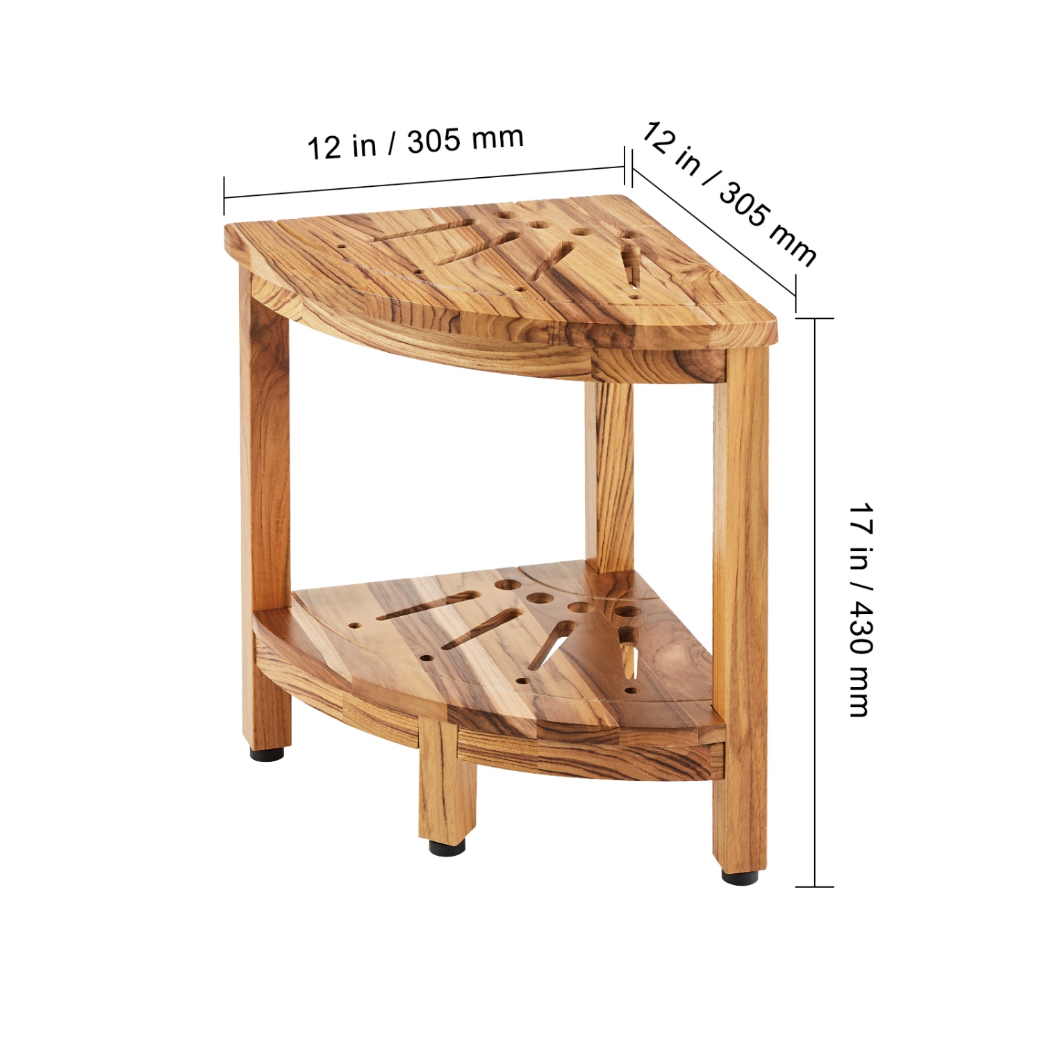 VEVOR Corner Teak Shower Bench, 17" Height 12" Radius, 100% Teak Wood Corner Shower Beach, 300 LBS with Storage Shelf, Shower Stool for Inside &