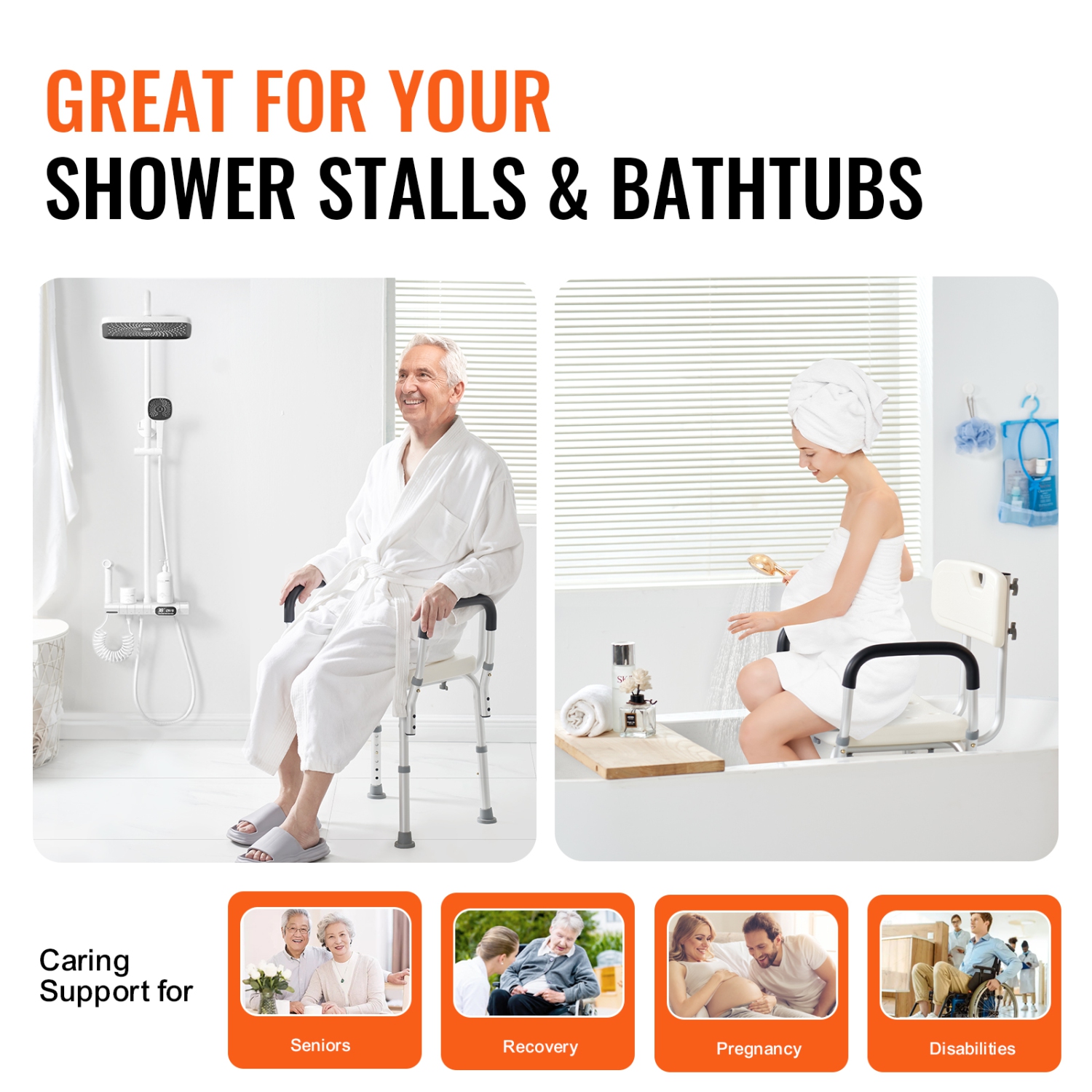 VEVOR Shower Chair, Shower Seat with Back, Adjustable Height Shower Stool, Shower Chair for Inside Shower, Non-slip Bathroom Bench Bath Chair for
