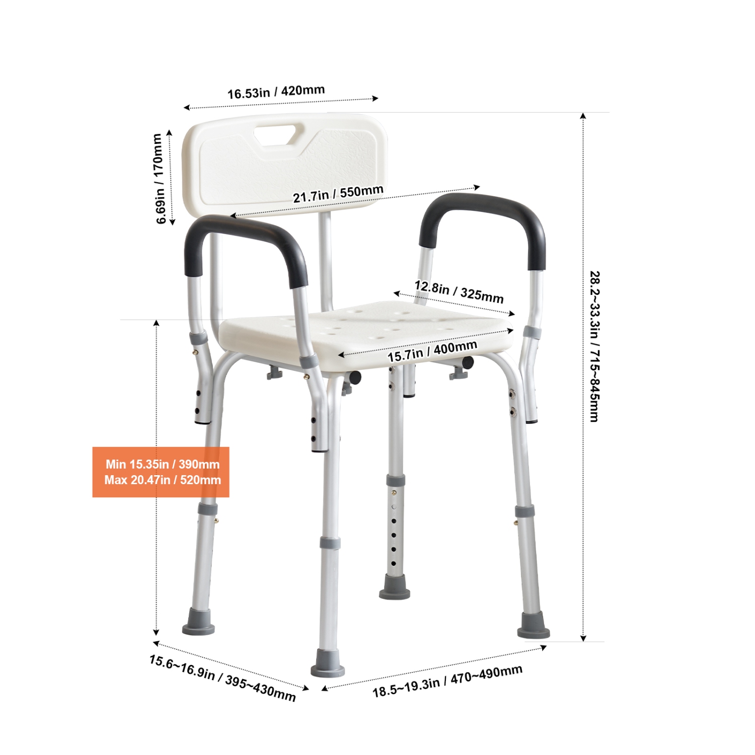VEVOR Shower Chair, Shower Seat with Back, Adjustable Height Shower Stool, Shower Chair for Inside Shower, Non-slip Bathroom Bench Bath Chair for
