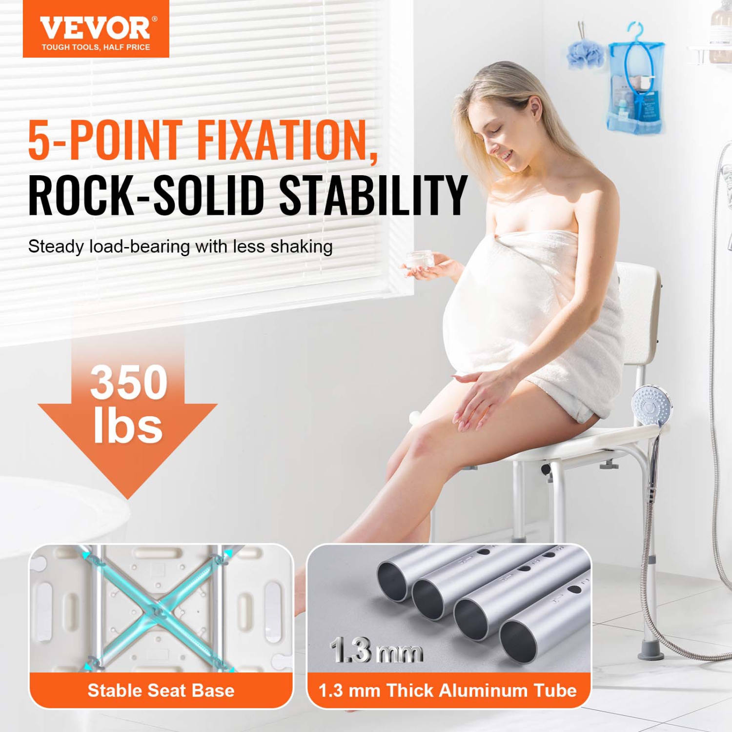 VEVOR 350 lbs Shower Chair, Shower Seat with Back, Adjustable Height Shower Stool, Shower Chair for Inside Shower Bathtub, Non-slip Bathroom Bench