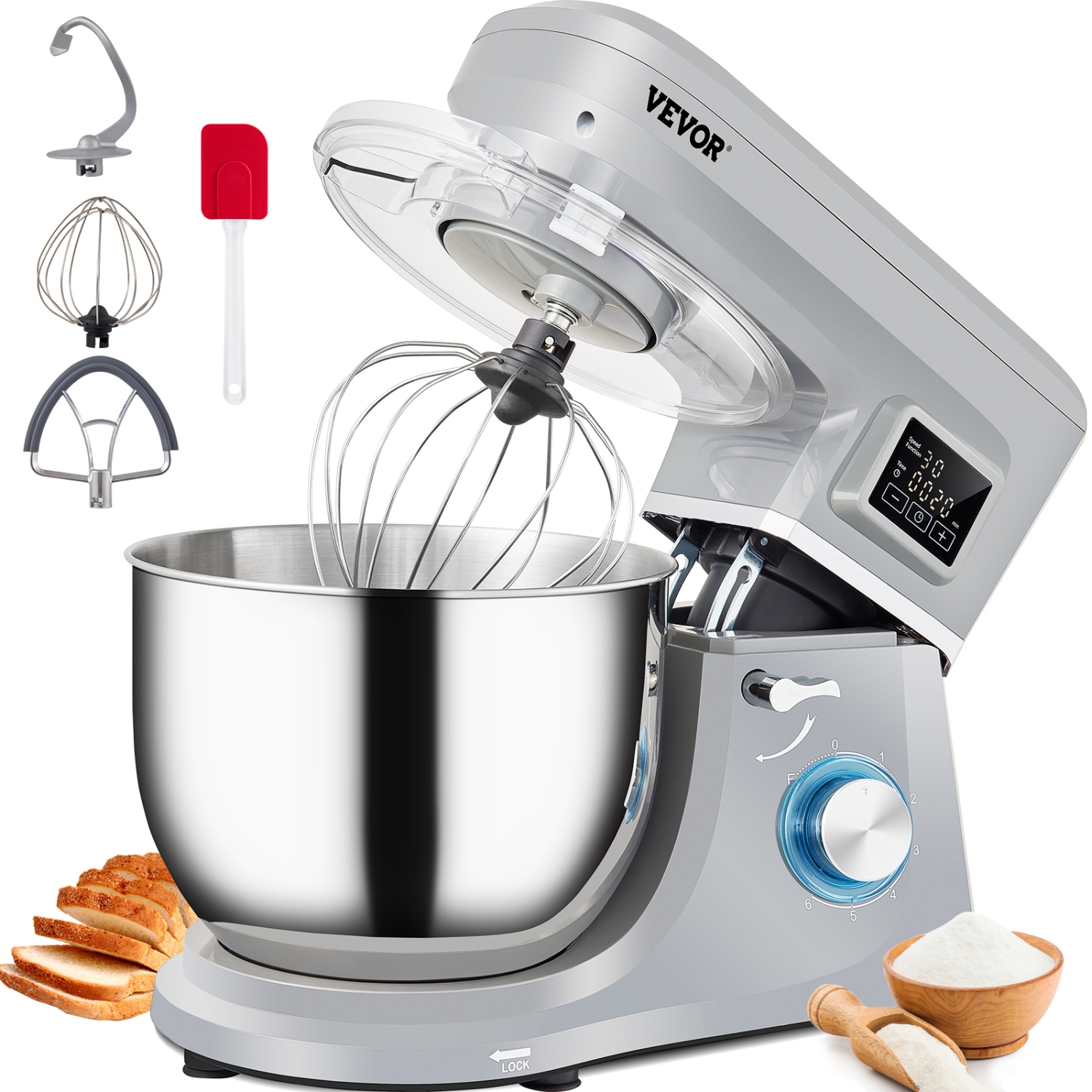 VEVOR 660W Stand Mixer, Electric Dough Mixer with 6 Speeds LCD Screen Timing, Tilt-Head Food Mixer with 7.4 Qt Stainless Steel Bowl, Dough Hook,