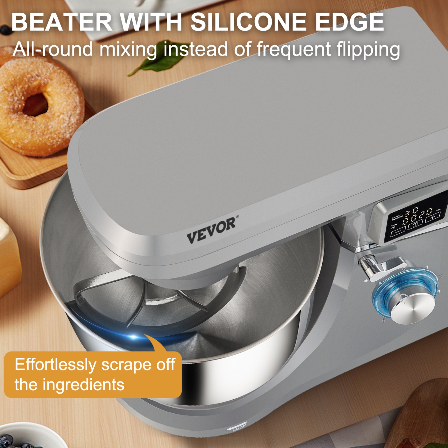 VEVOR 660W Stand Mixer, Electric Dough Mixer with 6 Speeds LCD Screen Timing, Tilt-Head Food Mixer with 7.4 Qt Stainless Steel Bowl, Dough Hook,