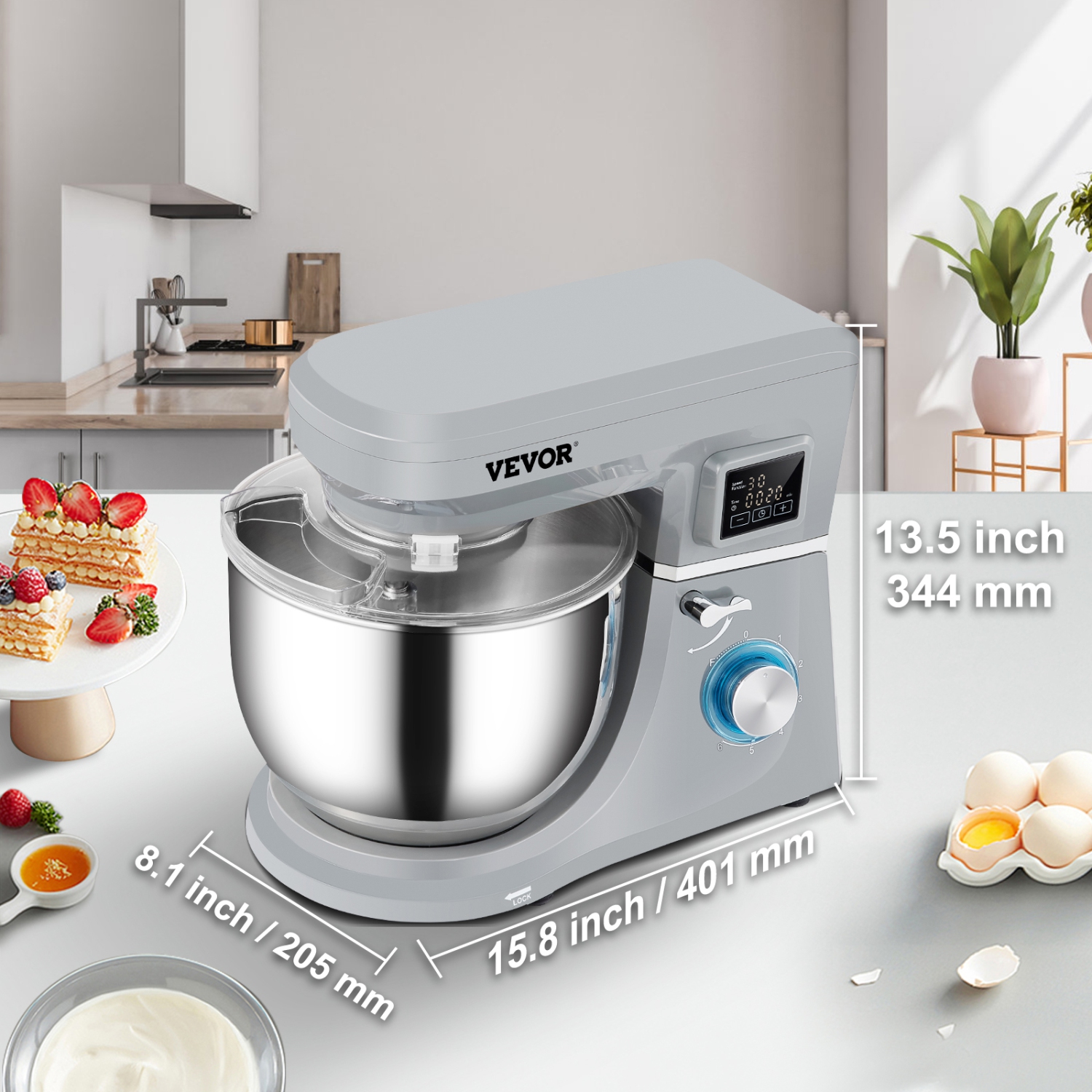 VEVOR 660W Stand Mixer, Electric Dough Mixer with 6 Speeds LCD Screen Timing, Tilt-Head Food Mixer with 7.4 Qt Stainless Steel Bowl, Dough Hook,