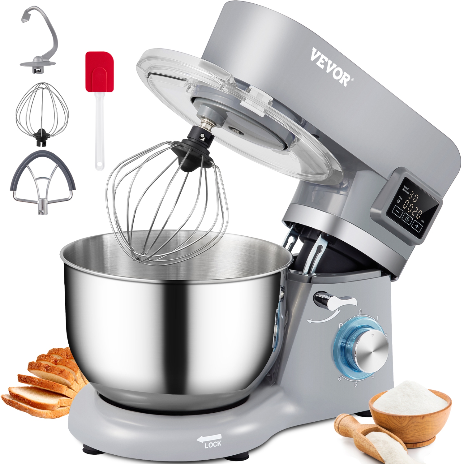 VEVOR 660W Stand Mixer, Electric Dough Mixer with 6 Speeds LCD Screen Timing, Tilt-Head Food Mixer with 5.8 Qt Stainless Steel Bowl, Dough Hook,