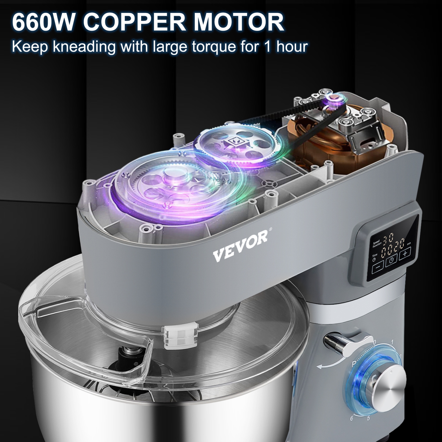 VEVOR 660W Stand Mixer, Electric Dough Mixer with 6 Speeds LCD Screen Timing, Tilt-Head Food Mixer with 5.8 Qt Stainless Steel Bowl, Dough Hook,