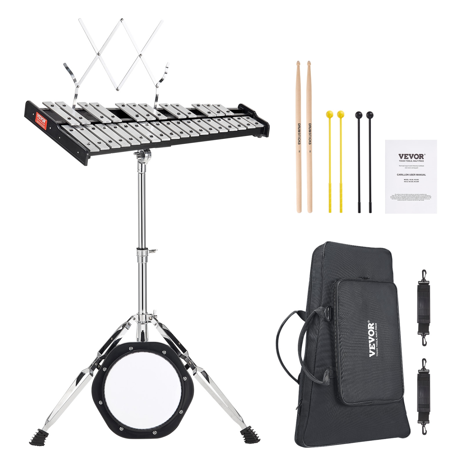 VEVOR 30 Note Glockenspiel Xylophone Bell Kit, Professional Percussion Instrument Set with Mallets, Drum Sticks, Music Stand, 8" Practice Pad,