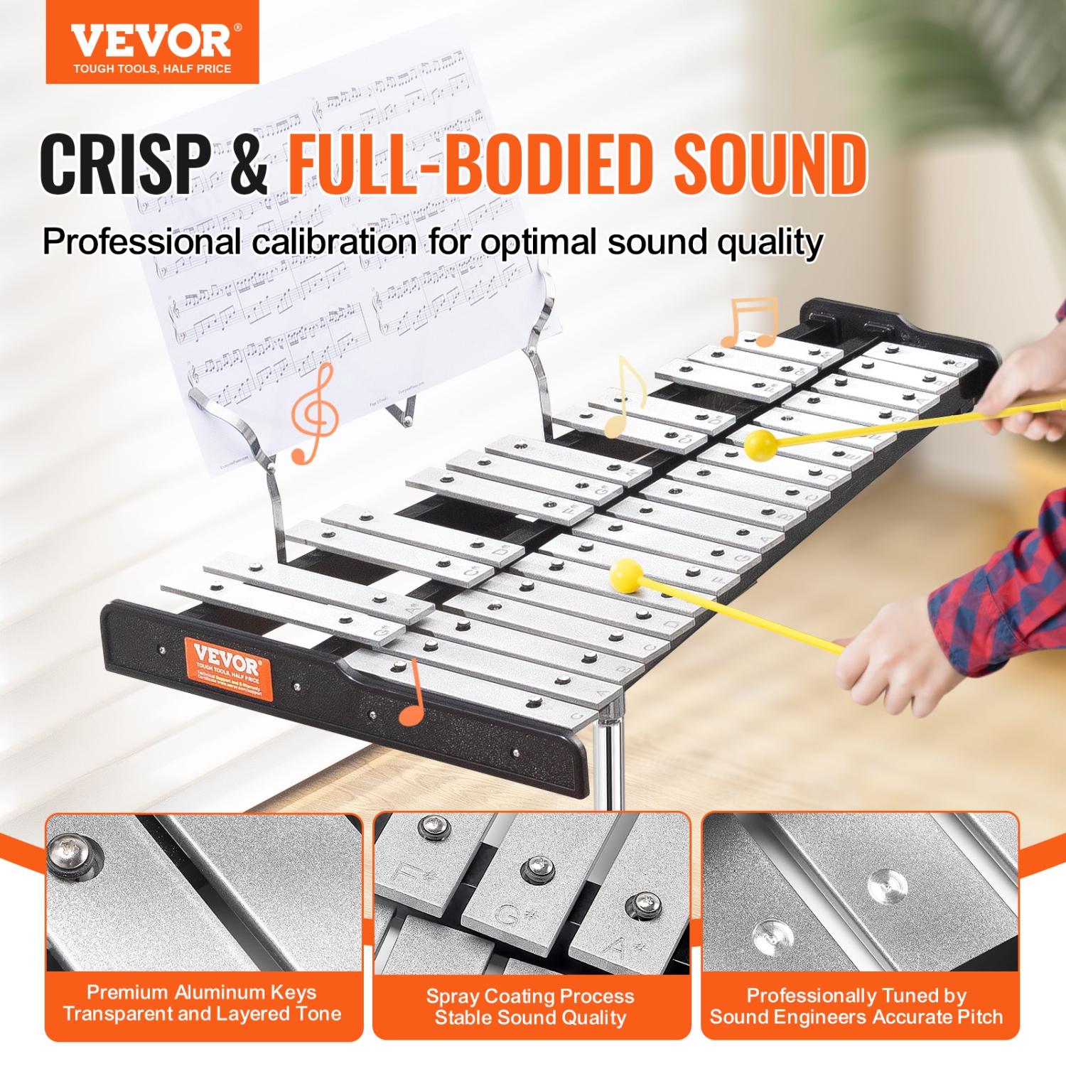 VEVOR 30 Note Glockenspiel Xylophone Bell Kit, Professional Percussion Instrument Set with Mallets, Drum Sticks, Music Stand, 8" Practice Pad,