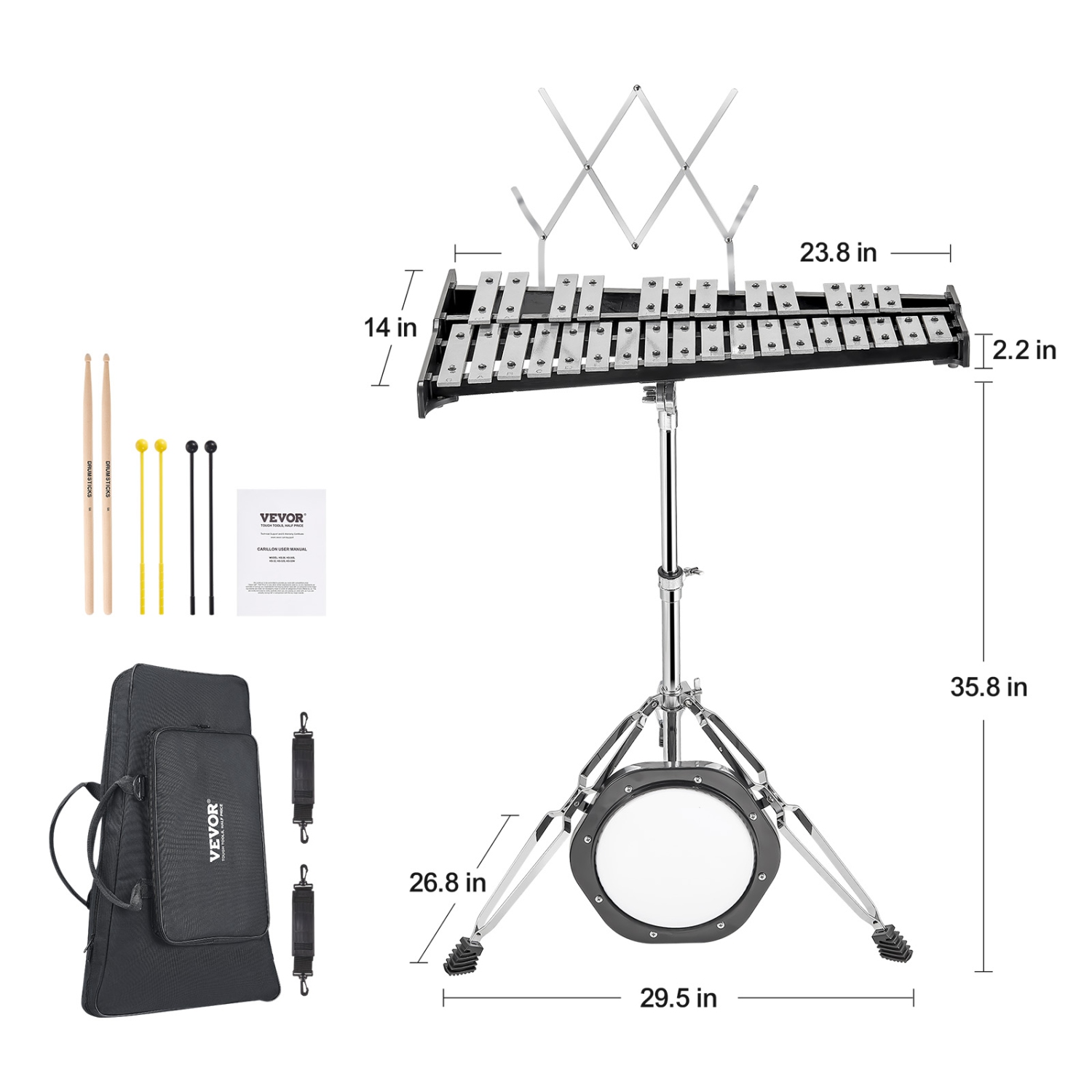 VEVOR 30 Note Glockenspiel Xylophone Bell Kit, Professional Percussion Instrument Set with Mallets, Drum Sticks, Music Stand, 8" Practice Pad,