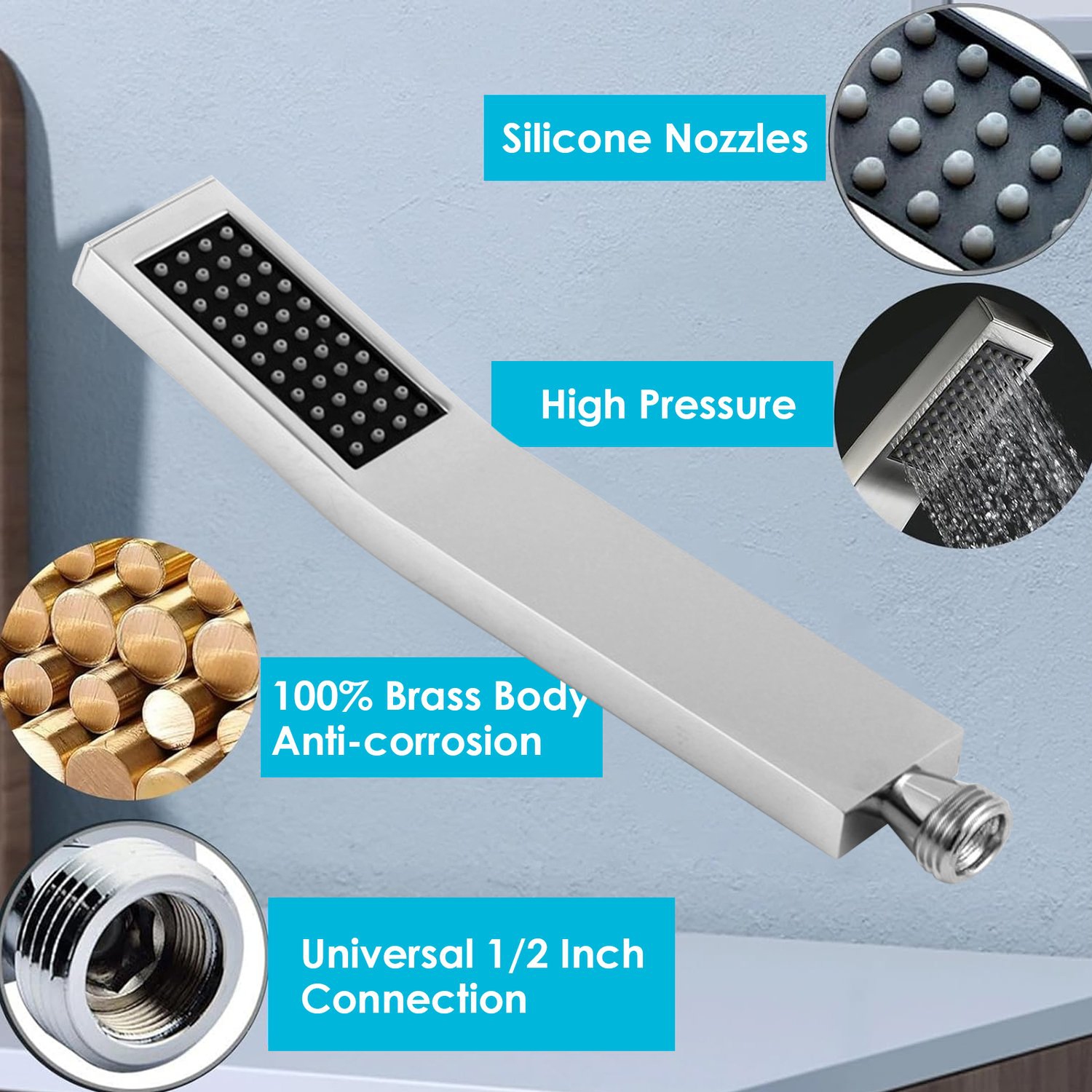 Brass Shower Head, L-Shaped High Pressure Shower Head, Handheld Bathroom Chrome Shower Head