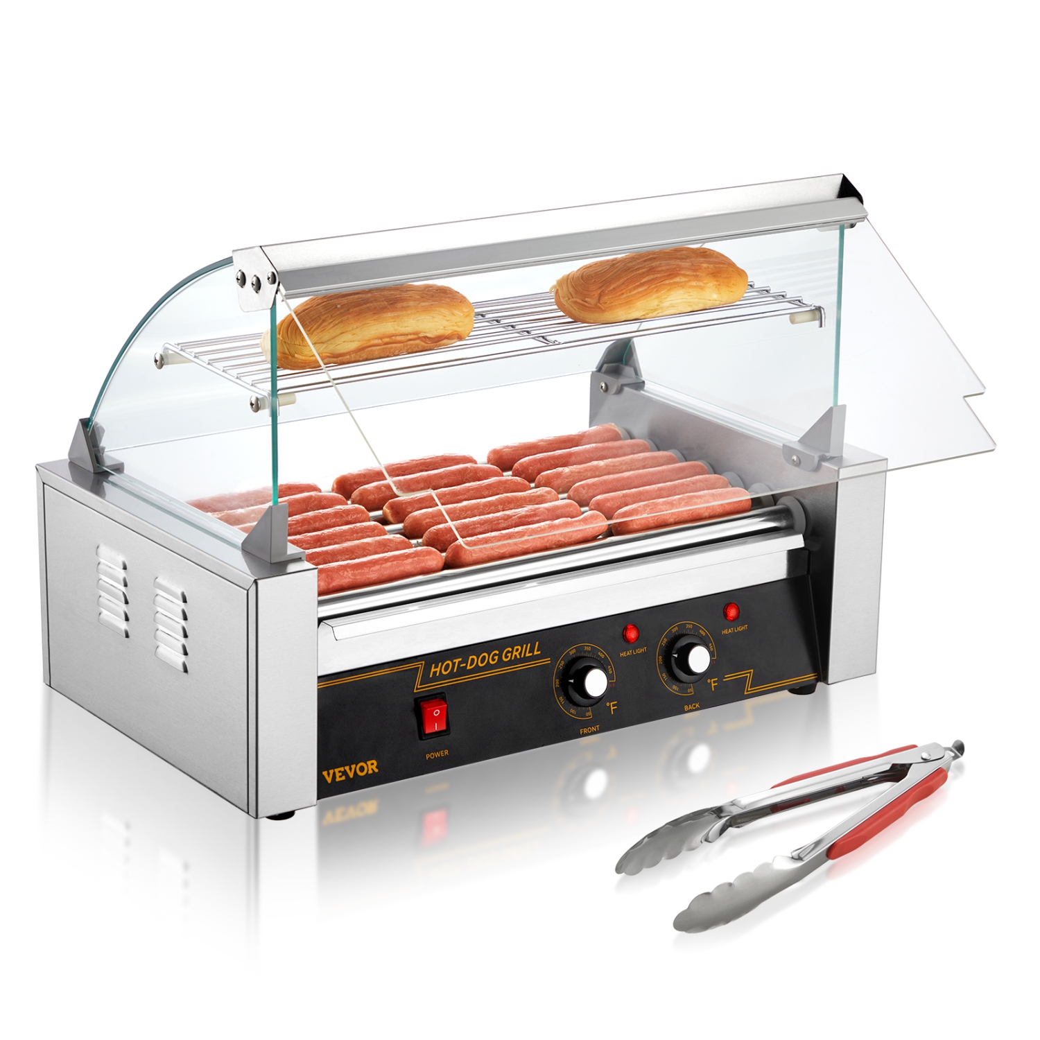 VEVOR 7 Rollers Hot Dog Roller, 18 Hot Dogs Capacity 1050W Stainless Sausage Grill Cooker Machine with Dual Temp Control Glass Hood Acrylic Cover Bun