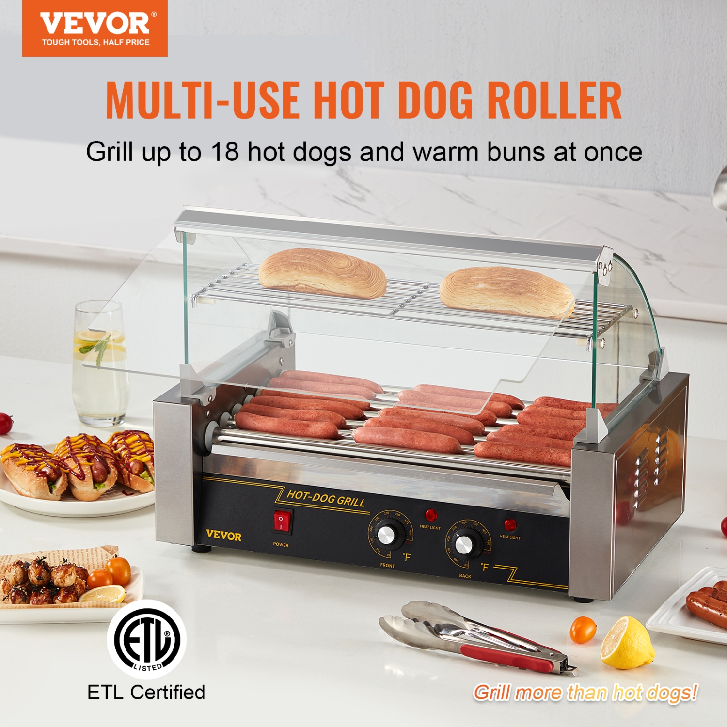 VEVOR 7 Rollers Hot Dog Roller, 18 Hot Dogs Capacity 1050W Stainless Sausage Grill Cooker Machine with Dual Temp Control Glass Hood Acrylic Cover Bun