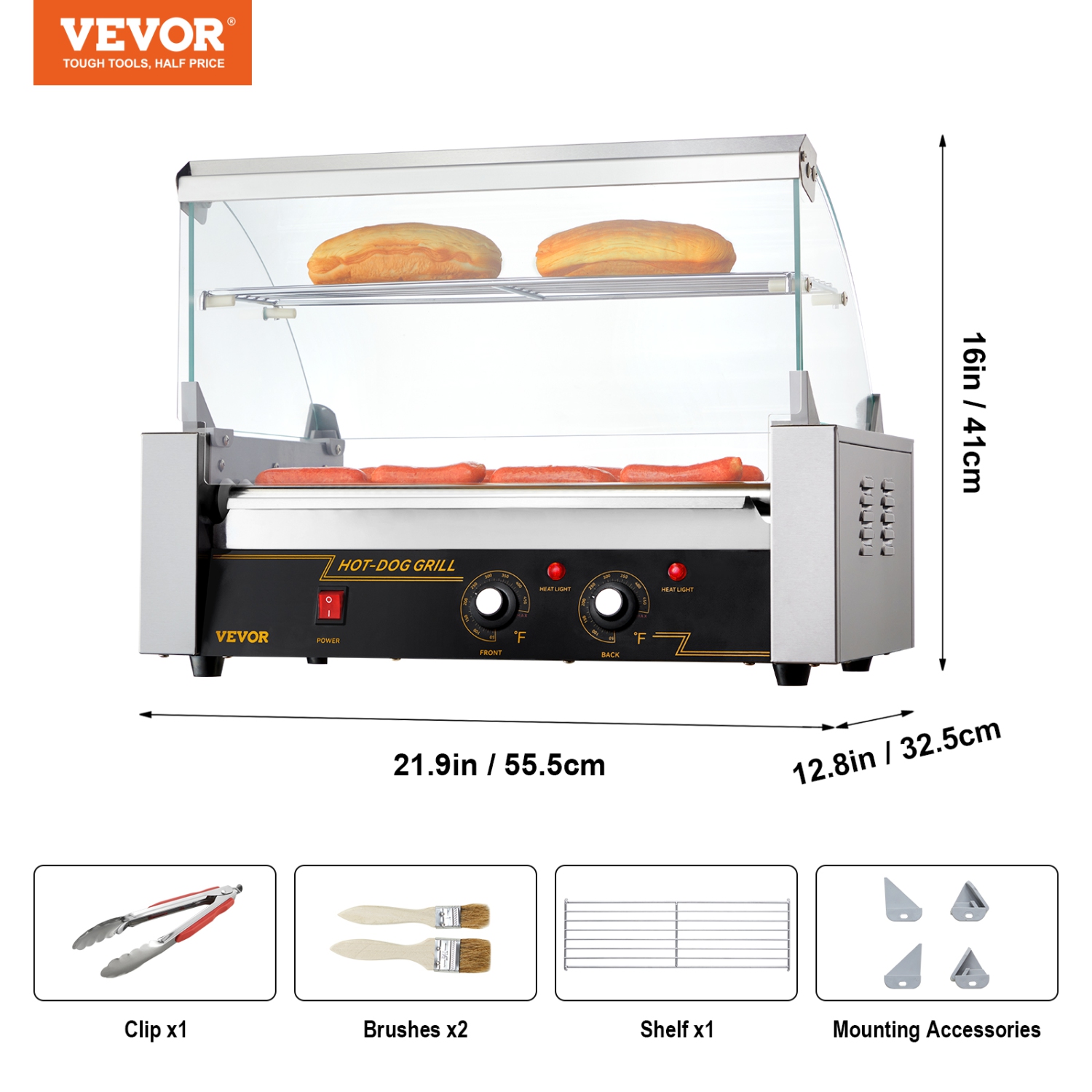 VEVOR 7 Rollers Hot Dog Roller, 18 Hot Dogs Capacity 1050W Stainless Sausage Grill Cooker Machine with Dual Temp Control Glass Hood Acrylic Cover Bun