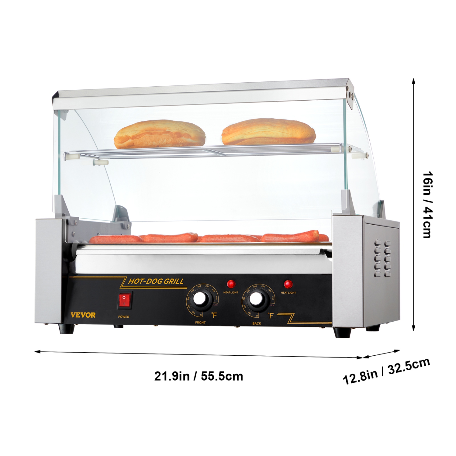 VEVOR 7 Rollers Hot Dog Roller, 18 Hot Dogs Capacity 1050W Stainless Sausage Grill Cooker Machine with Dual Temp Control Glass Hood Acrylic Cover Bun