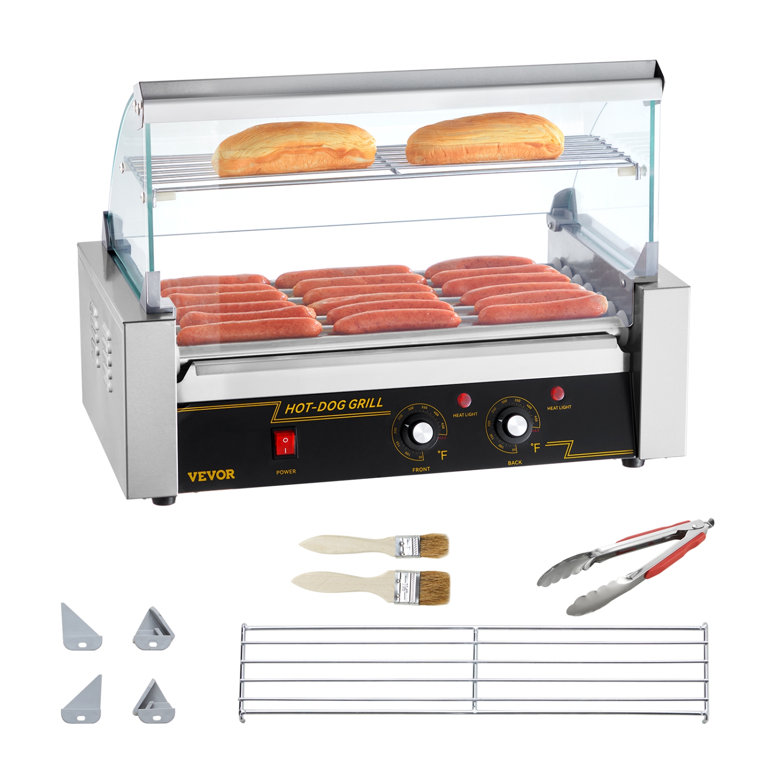 VEVOR 7 Rollers Hot Dog Roller, 18 Hot Dogs Capacity 1050W Stainless Sausage Grill Cooker Machine with Dual Temp Control Glass Hood Acrylic Cover Bun