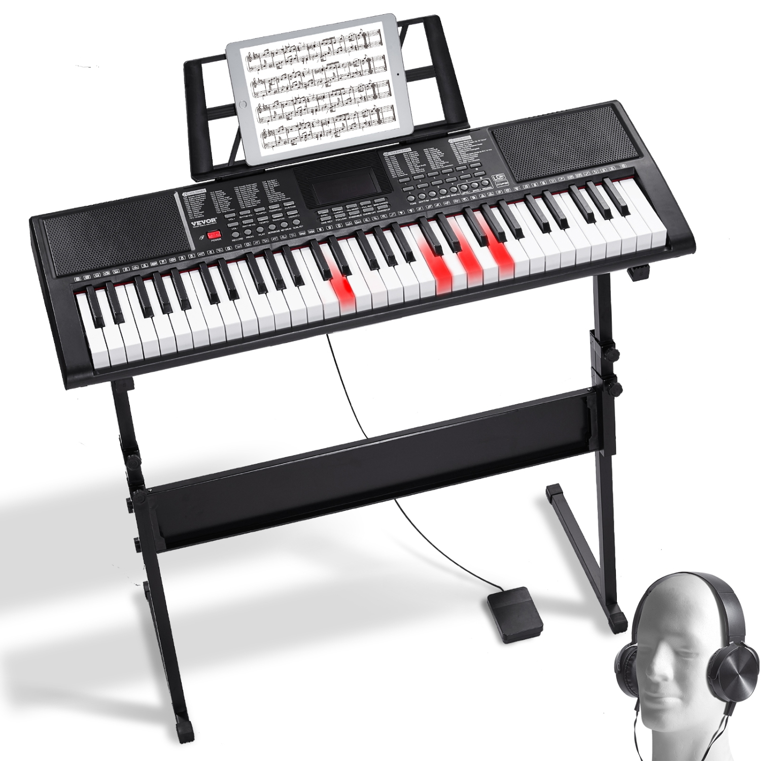 VEVOR 61 Key Digital Keyboard Piano, Lighted Keys, Electric Portable Piano with Adjustable Stand 600 Tones 500 Rhythms Built-In Speakers Sustain
