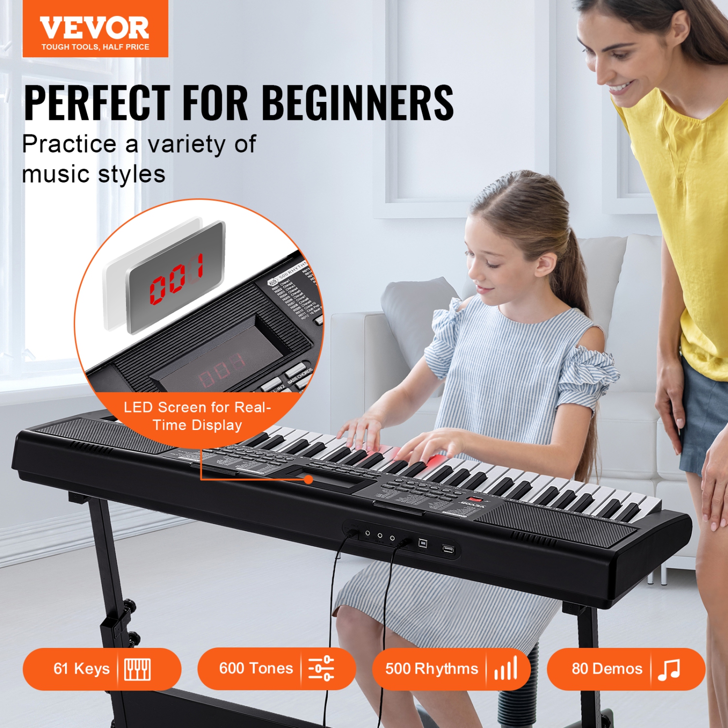 VEVOR 61 Key Digital Keyboard Piano, Lighted Keys, Electric Portable Piano with Adjustable Stand 600 Tones 500 Rhythms Built-In Speakers Sustain