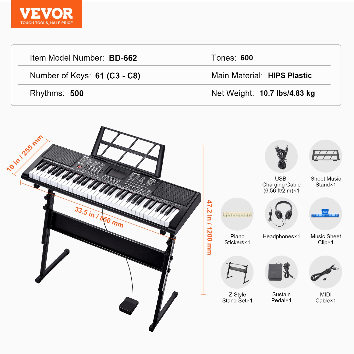 VEVOR 61 Key Digital Keyboard Piano, Lighted Keys, Electric Portable Piano with Adjustable Stand 600 Tones 500 Rhythms Built-In Speakers Sustain