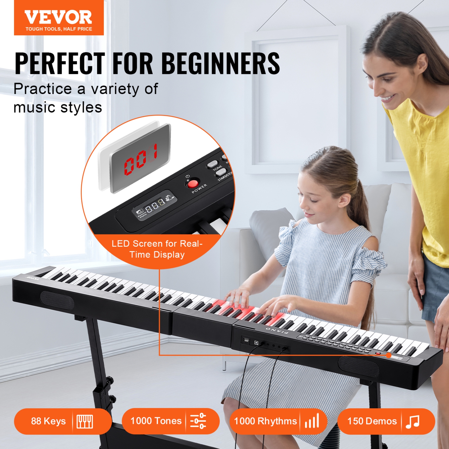 VEVOR 88 Key Digital Piano Keyboard,Semi Weighted Keys,Full Size Electric Portable Keyboard Piano Set with 1000 Tones Built-In Speakers Sustain Pedal