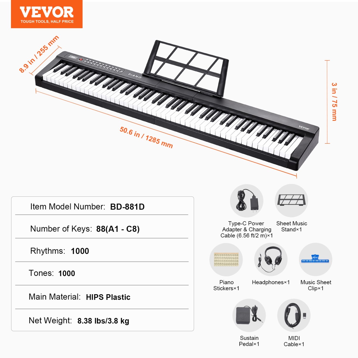 VEVOR 88 Key Digital Piano Keyboard,Semi Weighted Keys,Full Size Electric Portable Keyboard Piano Set with 1000 Tones Built-In Speakers Sustain Pedal