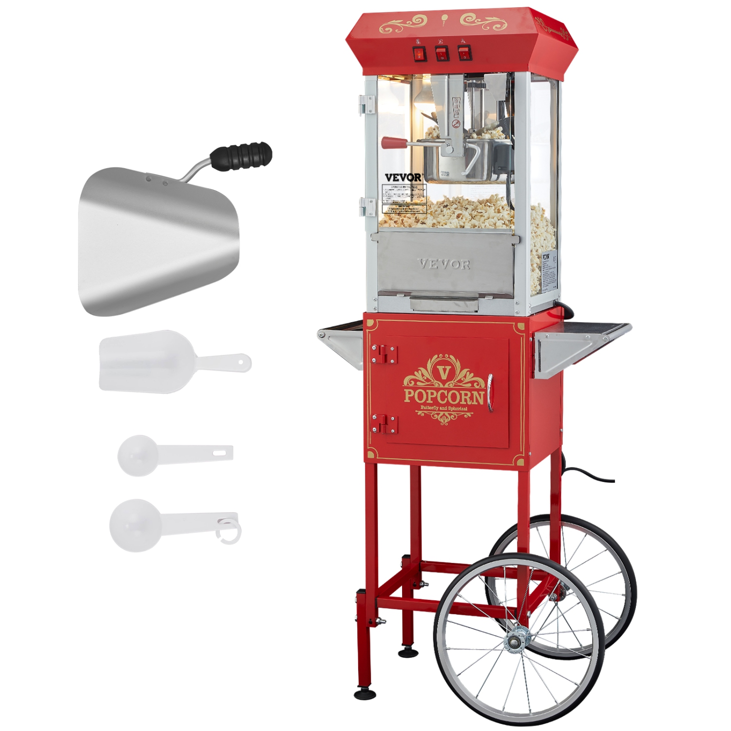 VEVOR 850W Popcorn Maker with Cart, Popcorn Popper Machine, 8 Oz Kettle Makes 48 Cups per Batch, Popcorn Maker Equipped with Tempered Glass, Includes